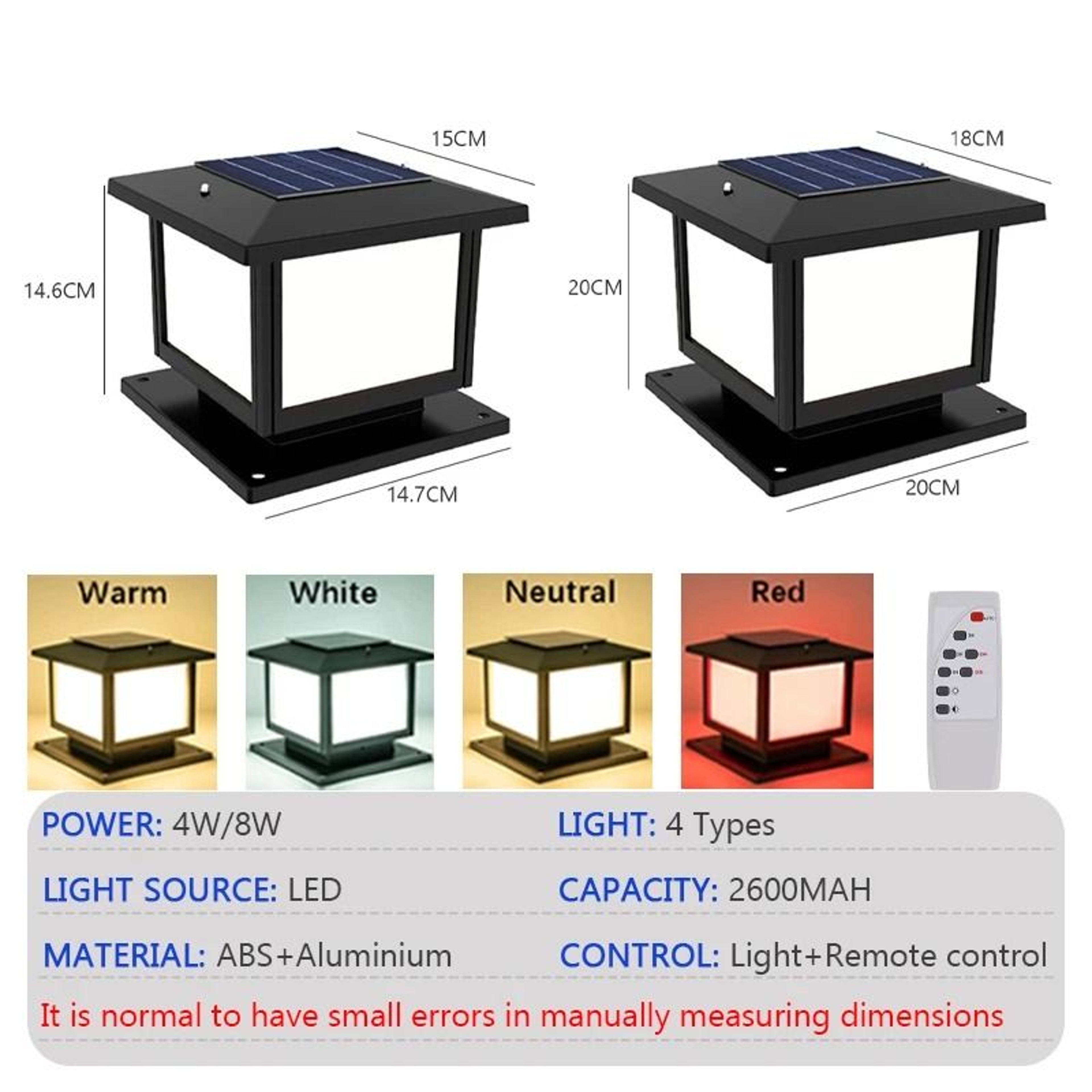 Outdoor LED Solar Column Pillar Light Waterproof IP65 Post Cap Lamp With Remote Control For Garden  5