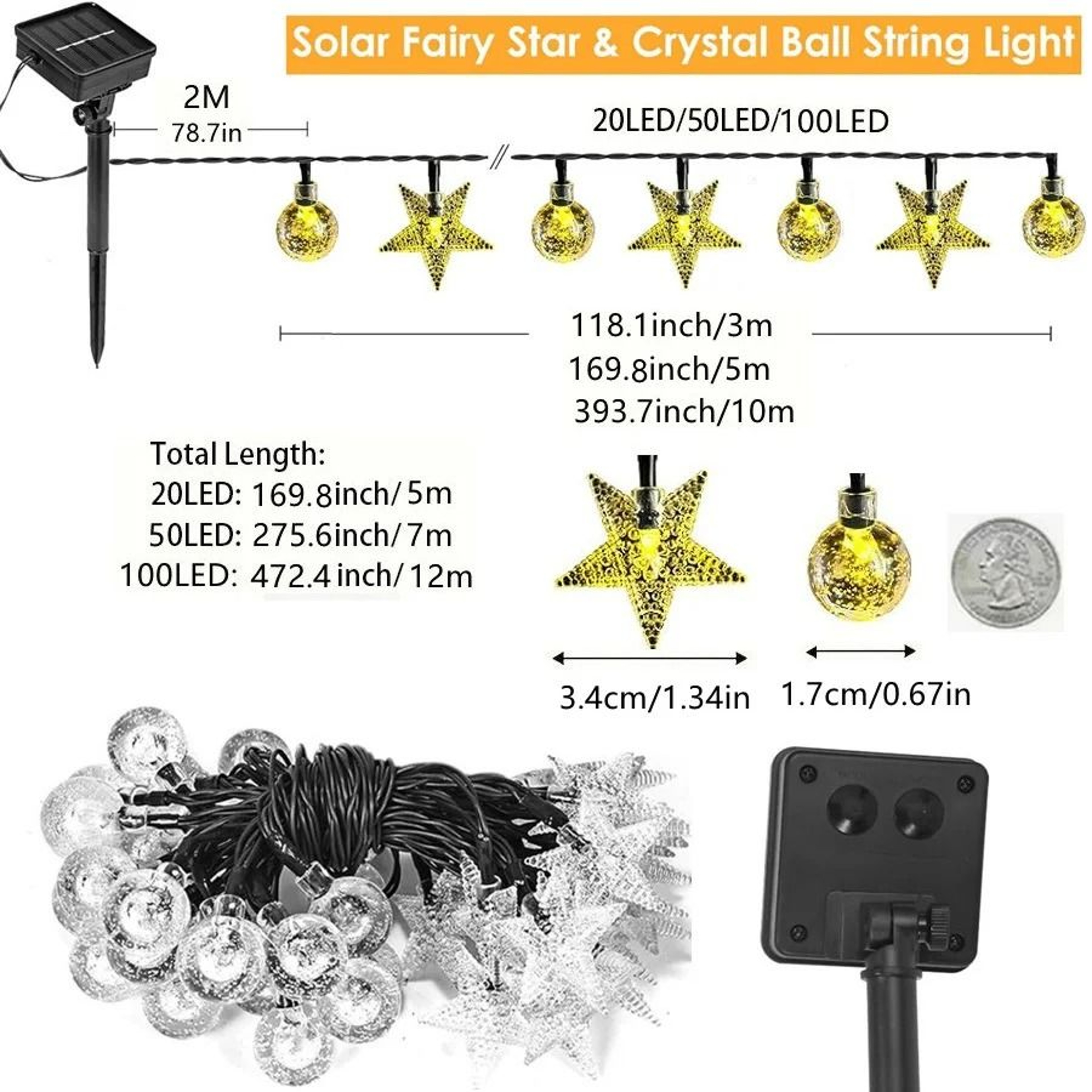 Solar Outdoor String Lights Crystal Ball  Star 8Mode Fairy Light For Garden Camping Christmas 5