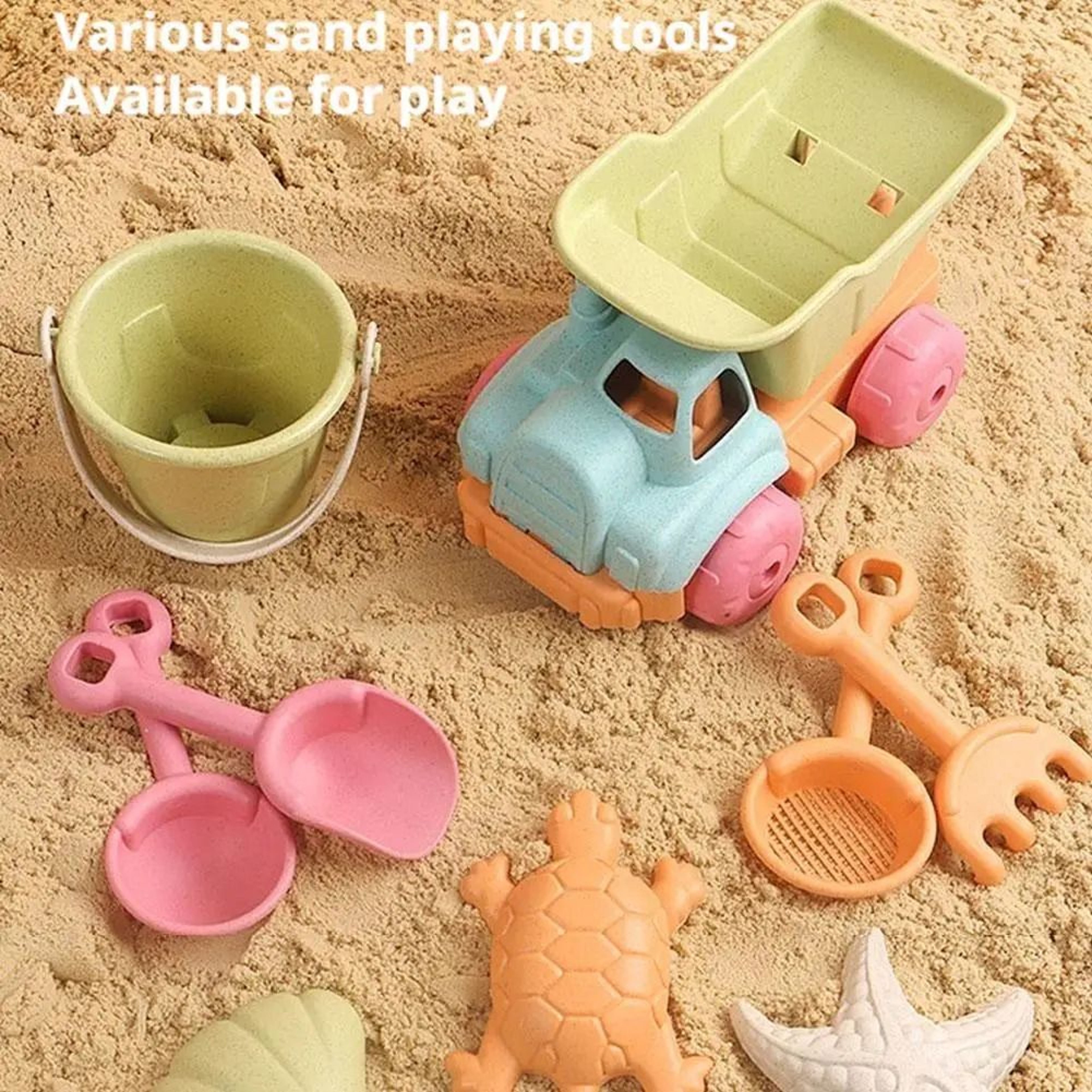 7Piece Childrens Beach Sand Toys Set With Bucket Shovel Rake  Sea Animal Molds 0