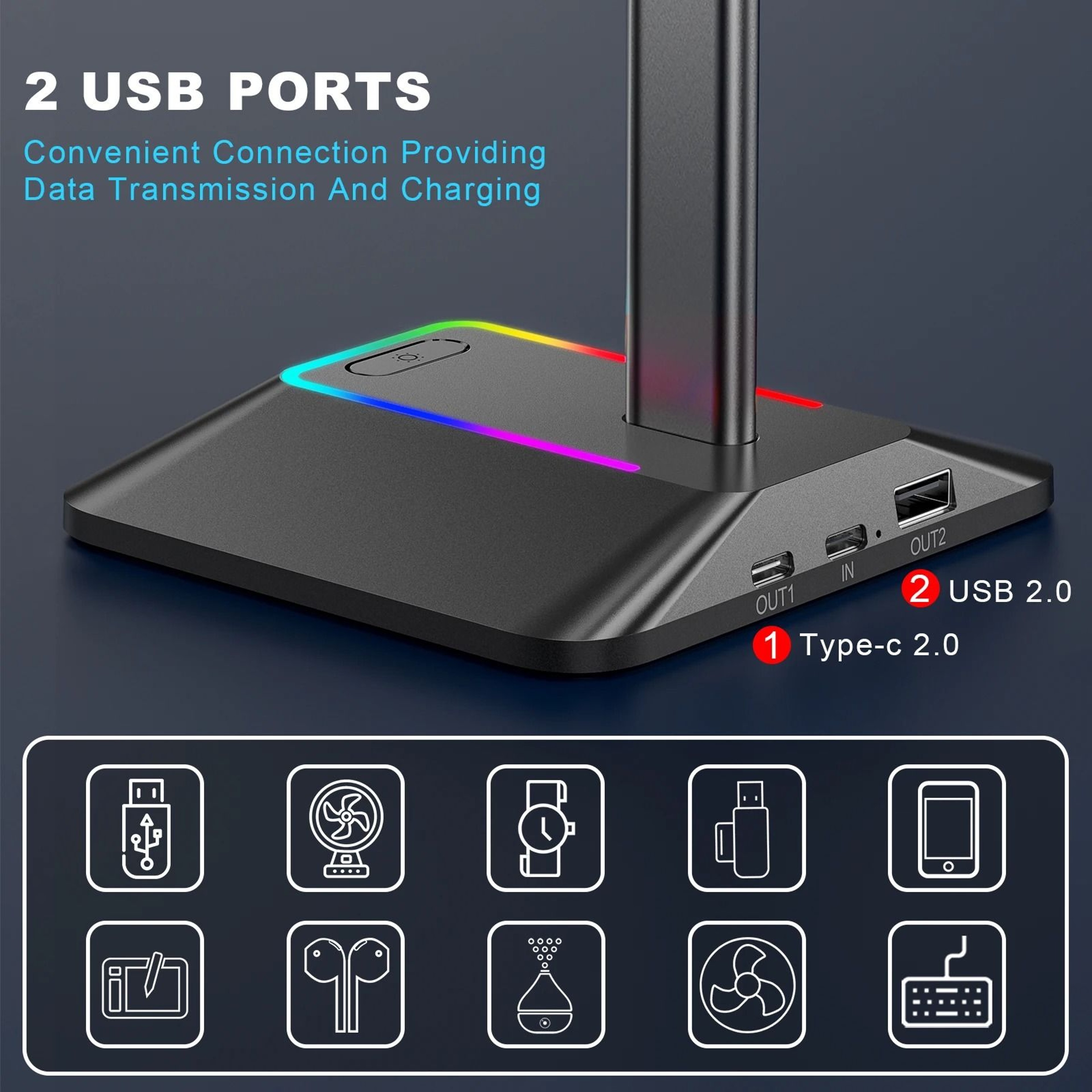 New Bee Z8 RGB Headphone Stand Holder With 2 USB Ports  NonSlip Rubber Base For Gaming Desks 4