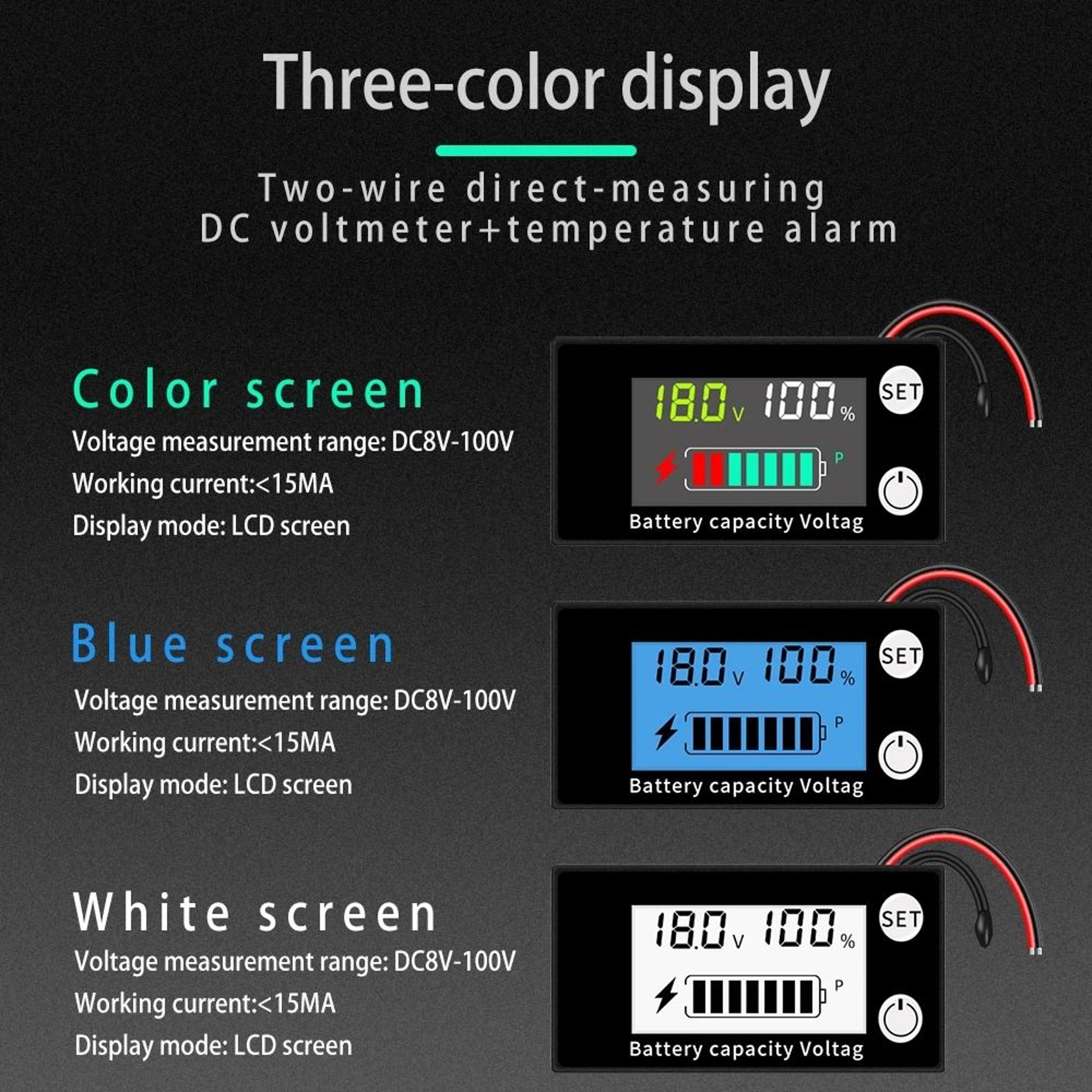 DC 8V100V Digital Voltmeter Battery Capacity Indicator With Temperature Alarm For 12V 24V Lead Acid 4