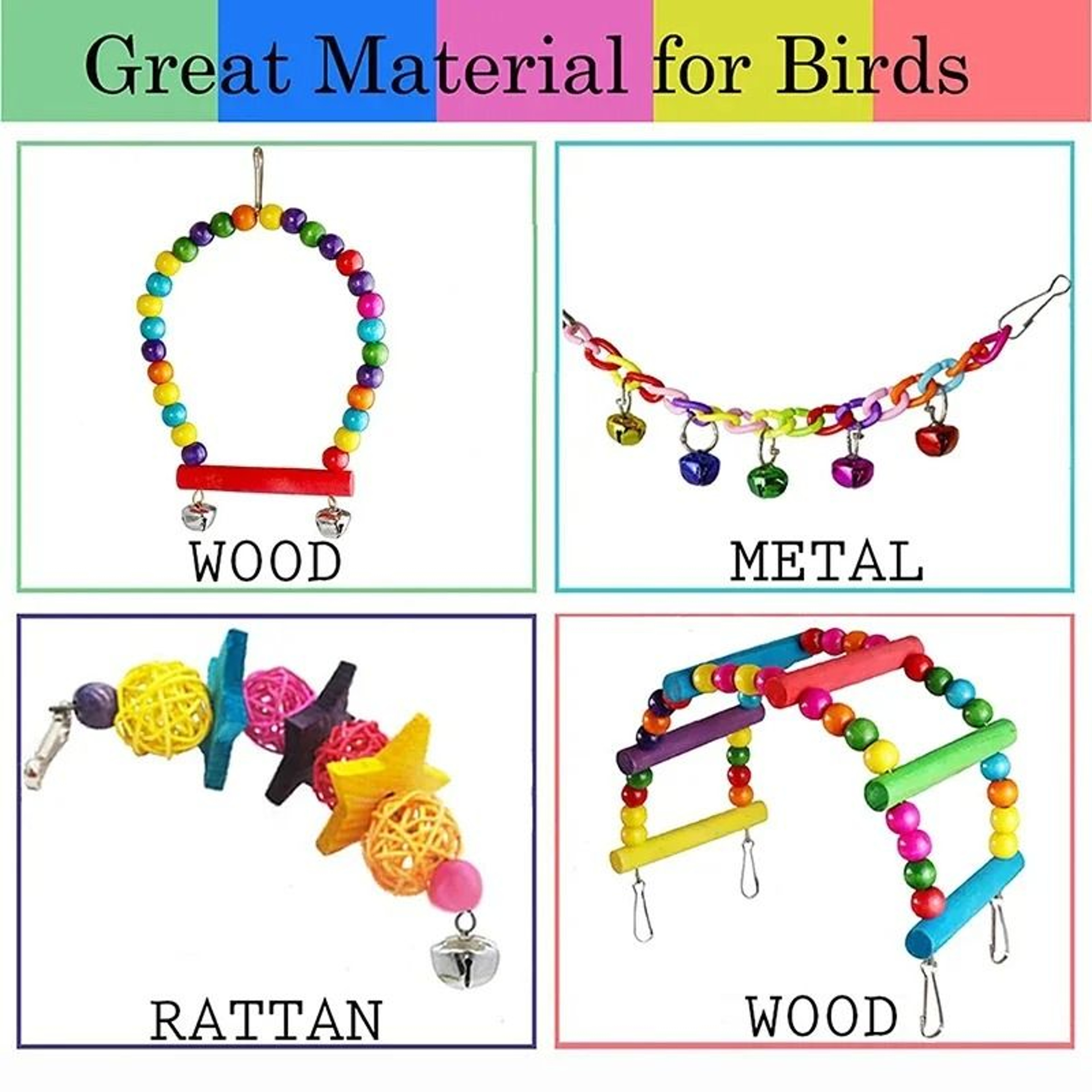 7Piece Wooden Parrot Toys Set With Hanging Bird Cage Accessories Swing Suspension Bridge  Bells 1