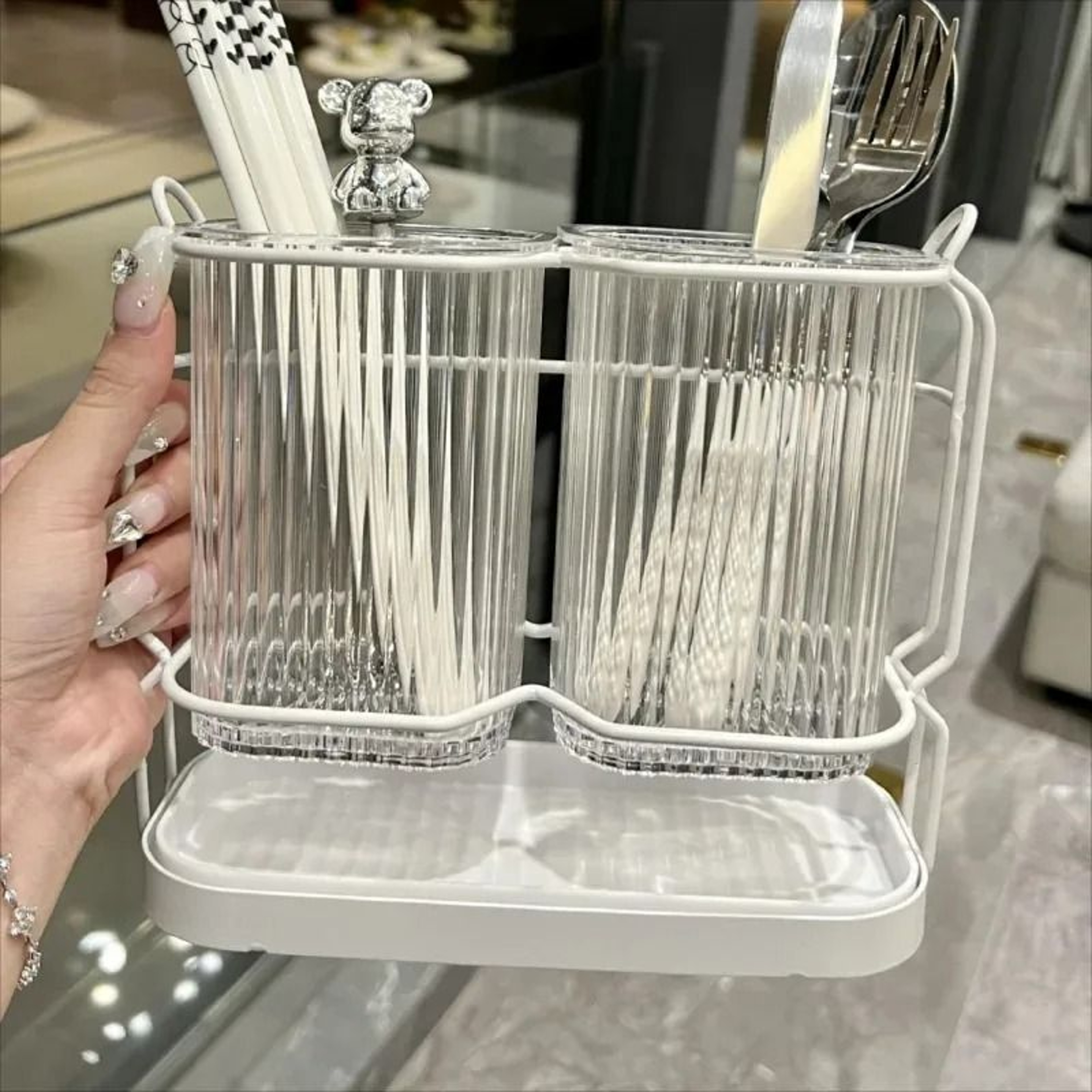 Wall Mounted Light Luxury Kitchen Cutlery Organizer Stainless Steel Chopstick  Spoon Drying Rack 4