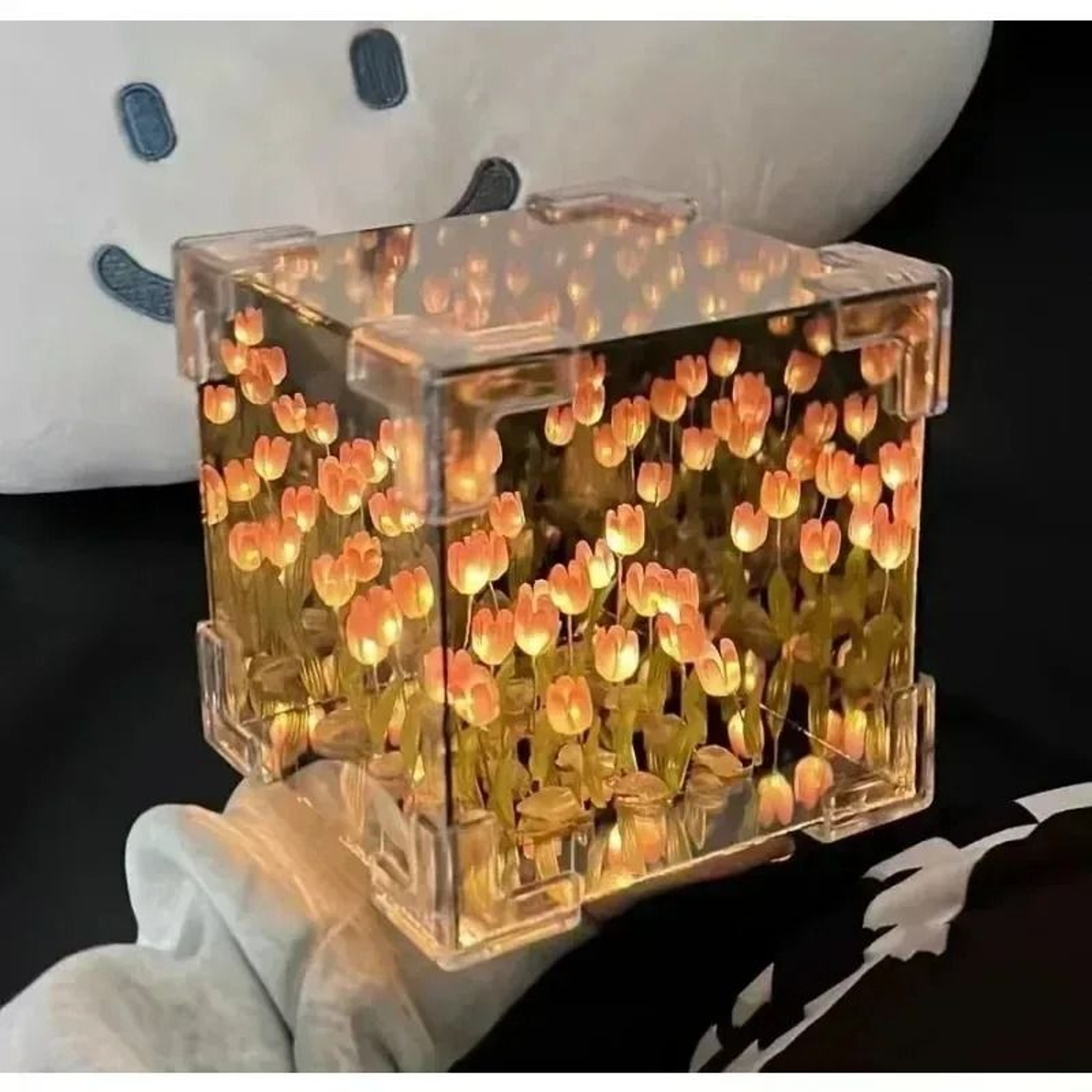 DIY Handmade Tulip Mirror Cube Night Light Simulation Flower Sleeping Table Lamp 5