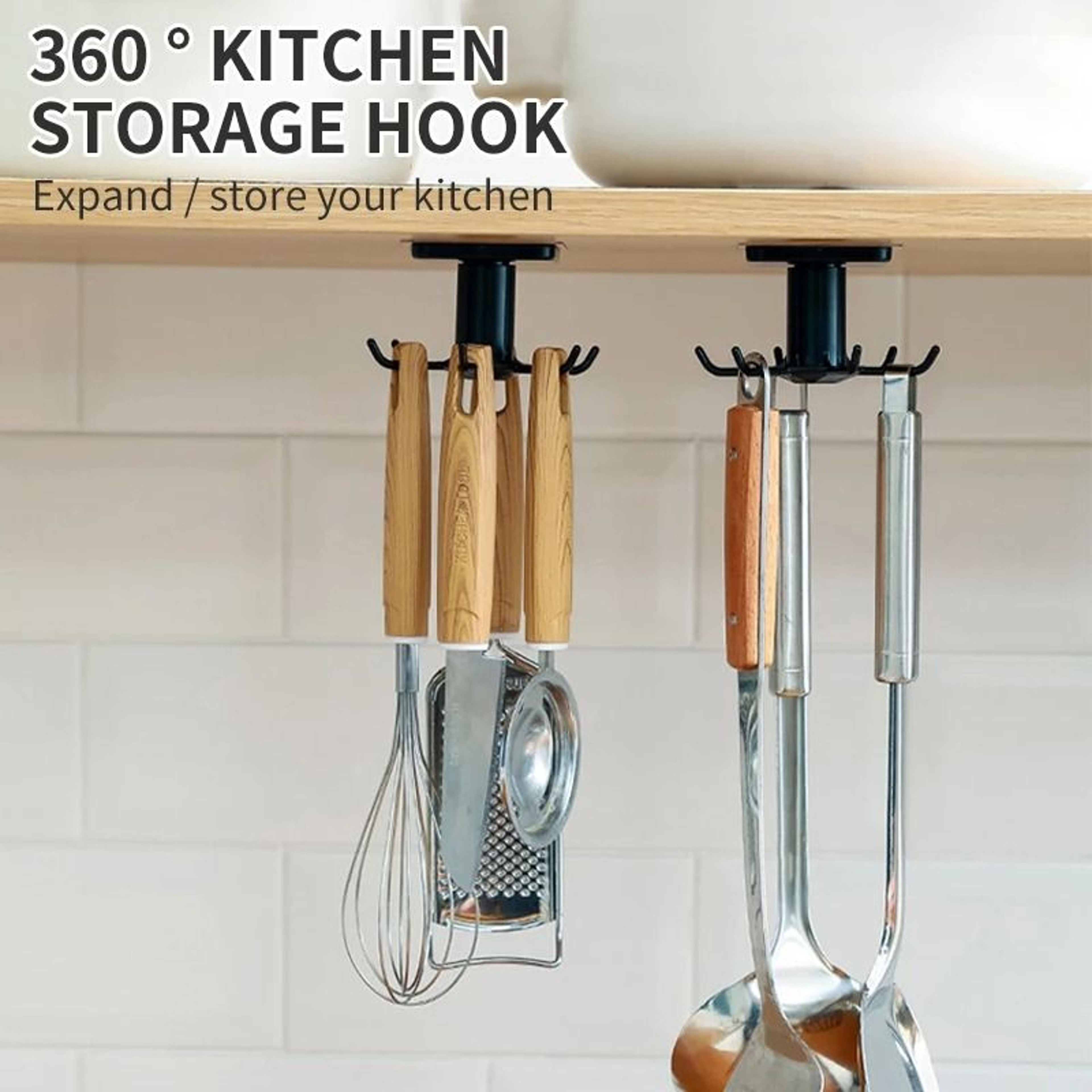 360 Rotating WallMounted Kitchen Storage Hooks  PunchFree Utensil Rack 2
