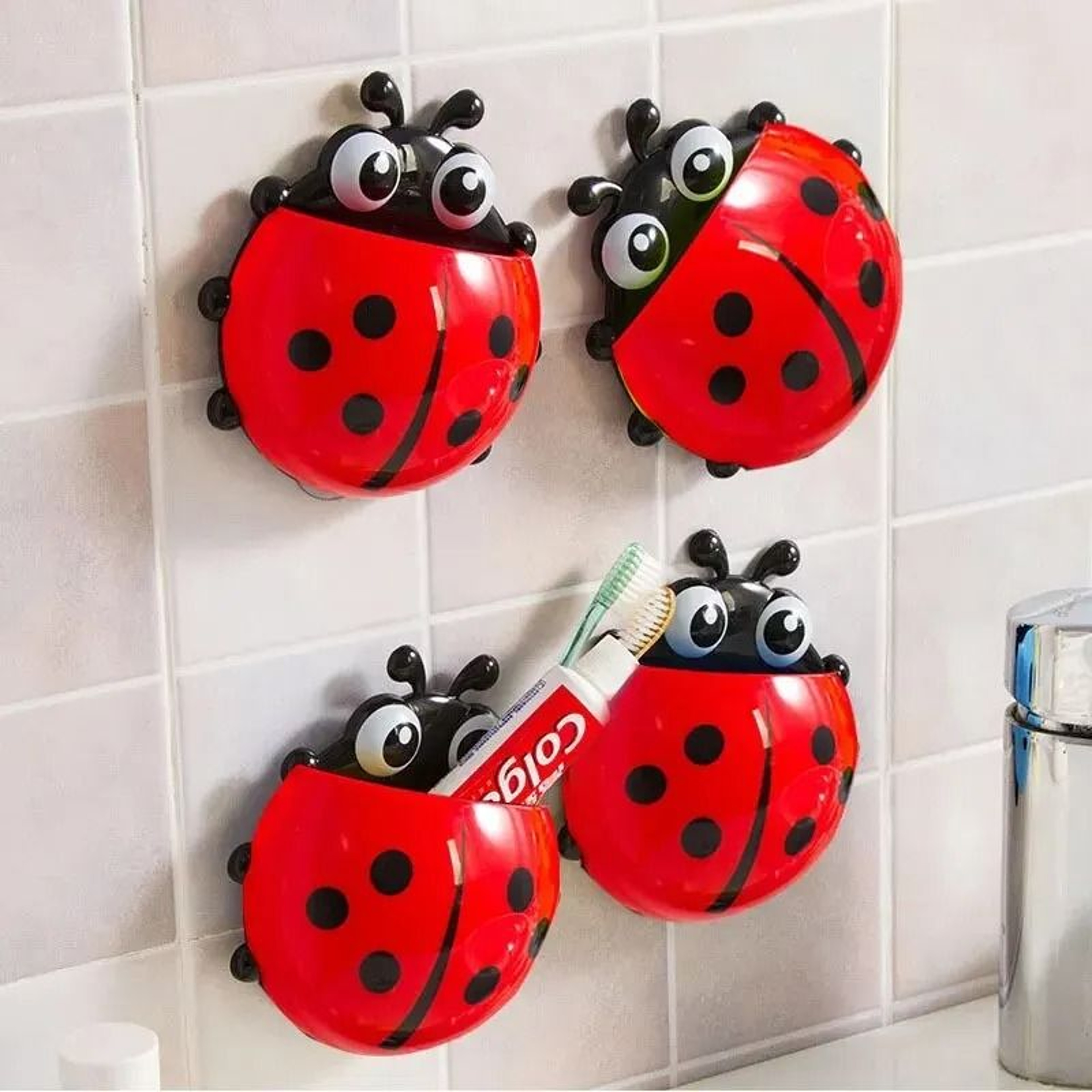 2Piece Cute Ladybug Suction Cup Toothbrush Holder  NoPunching Bathroom Shelf 1