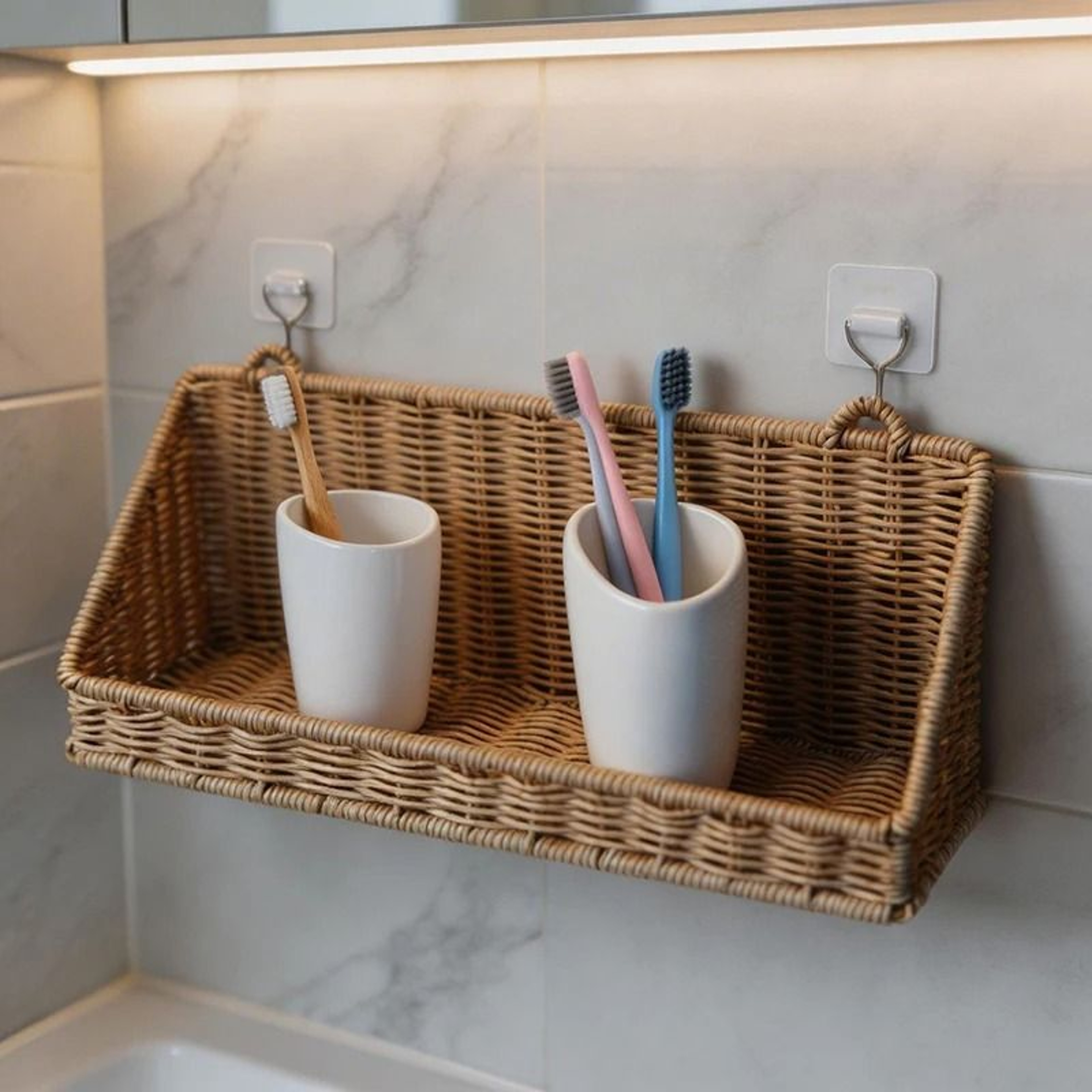Rustic WallMounted Woven Rattan Storage Basket With Hooks For Home Organization 4