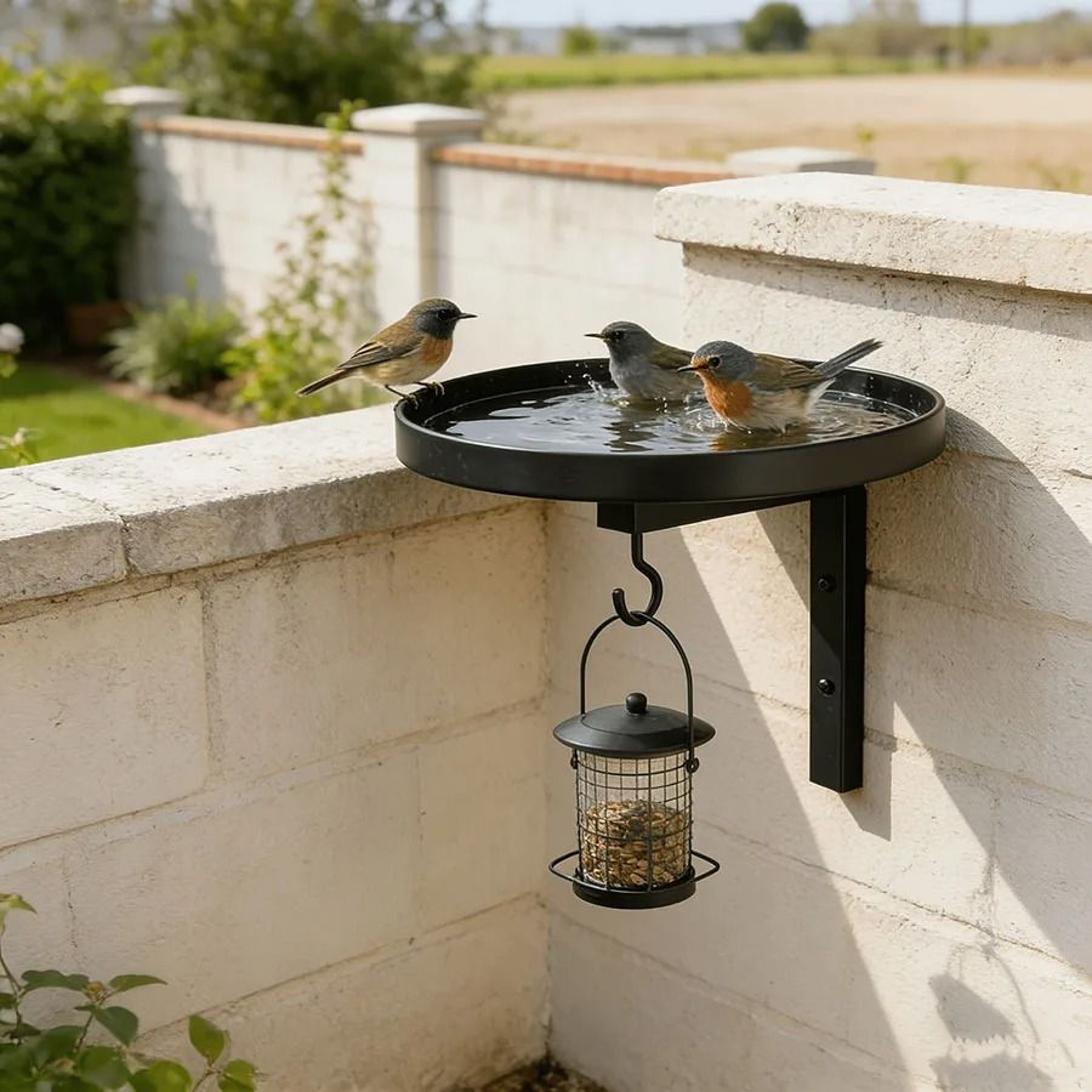 WallMounted Metal Bird Bath  Feeder Hook  Outdoor Garden Patio  Fence Decor 0