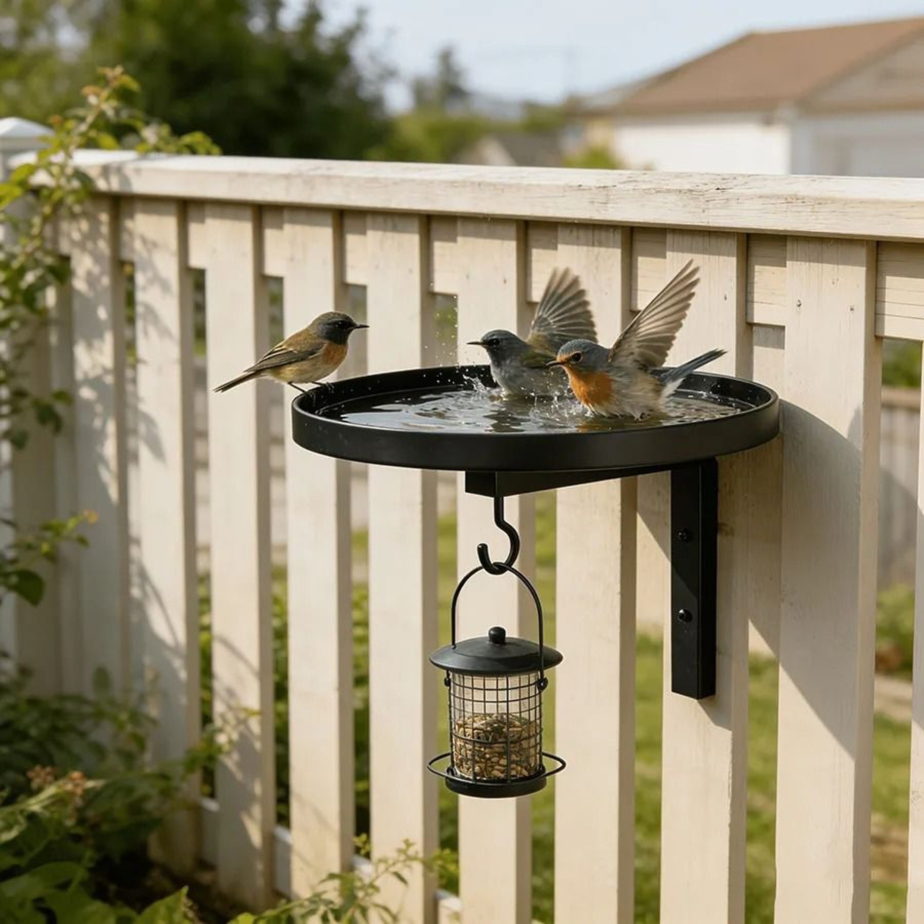 WallMounted Metal Bird Bath  Feeder Hook  Outdoor Garden Patio  Fence Decor 1