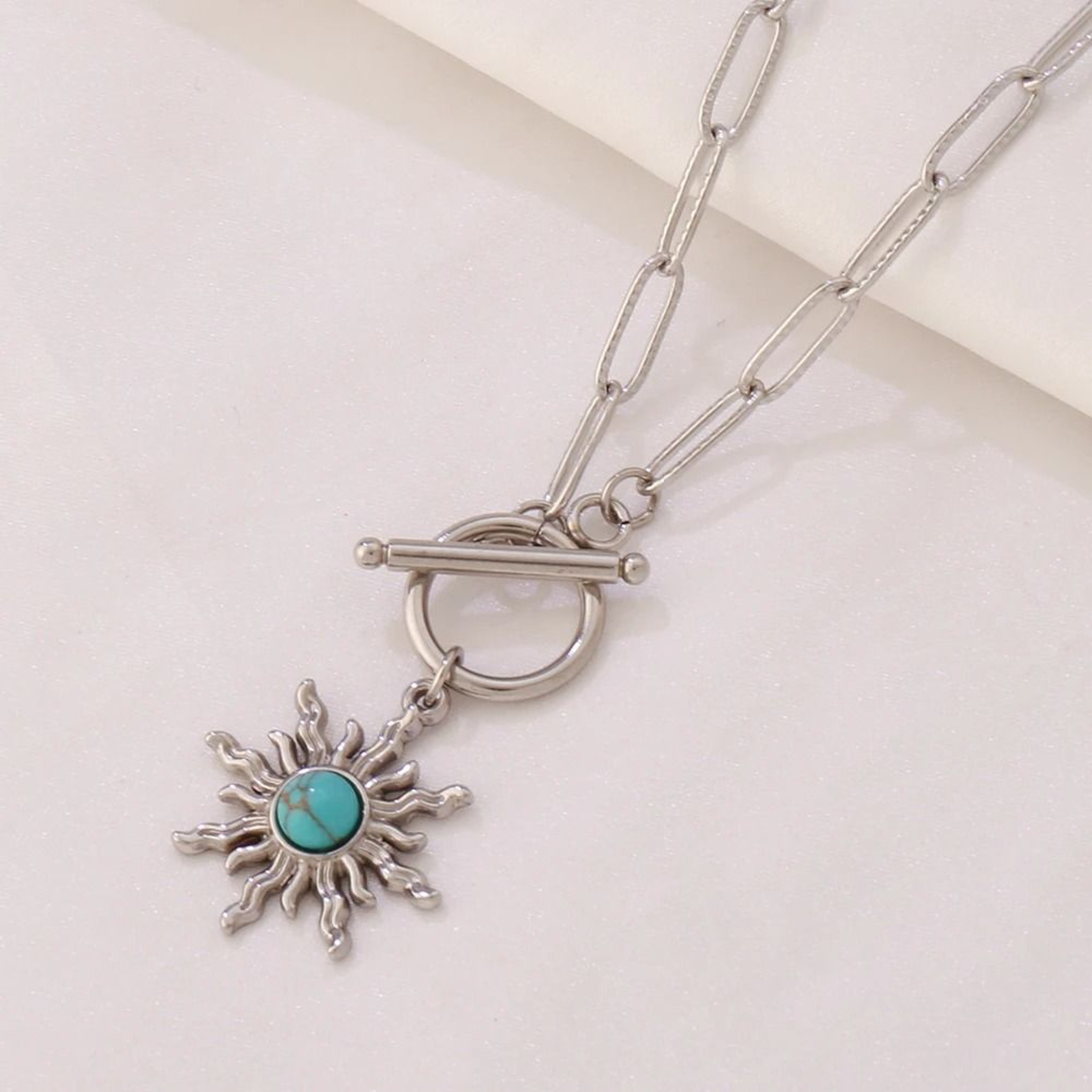 316L Stainless Steel Turquoise Sun Pendant Necklace  Gold Boho Celestial Choker 1