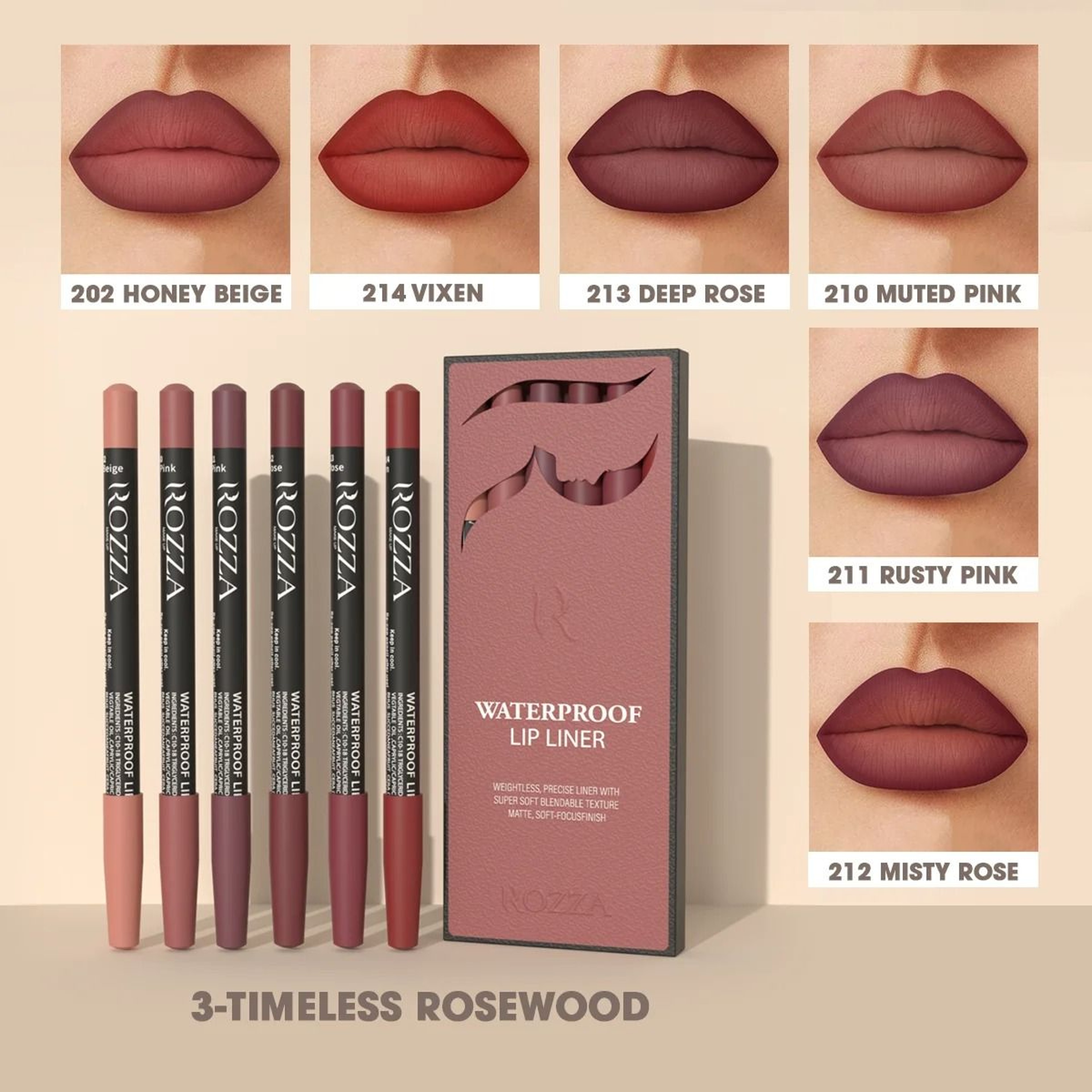 Rozza Waterproof Lip Liner Pencil Set  Precise  Blendable Matte Lip Contour Pencils 6
