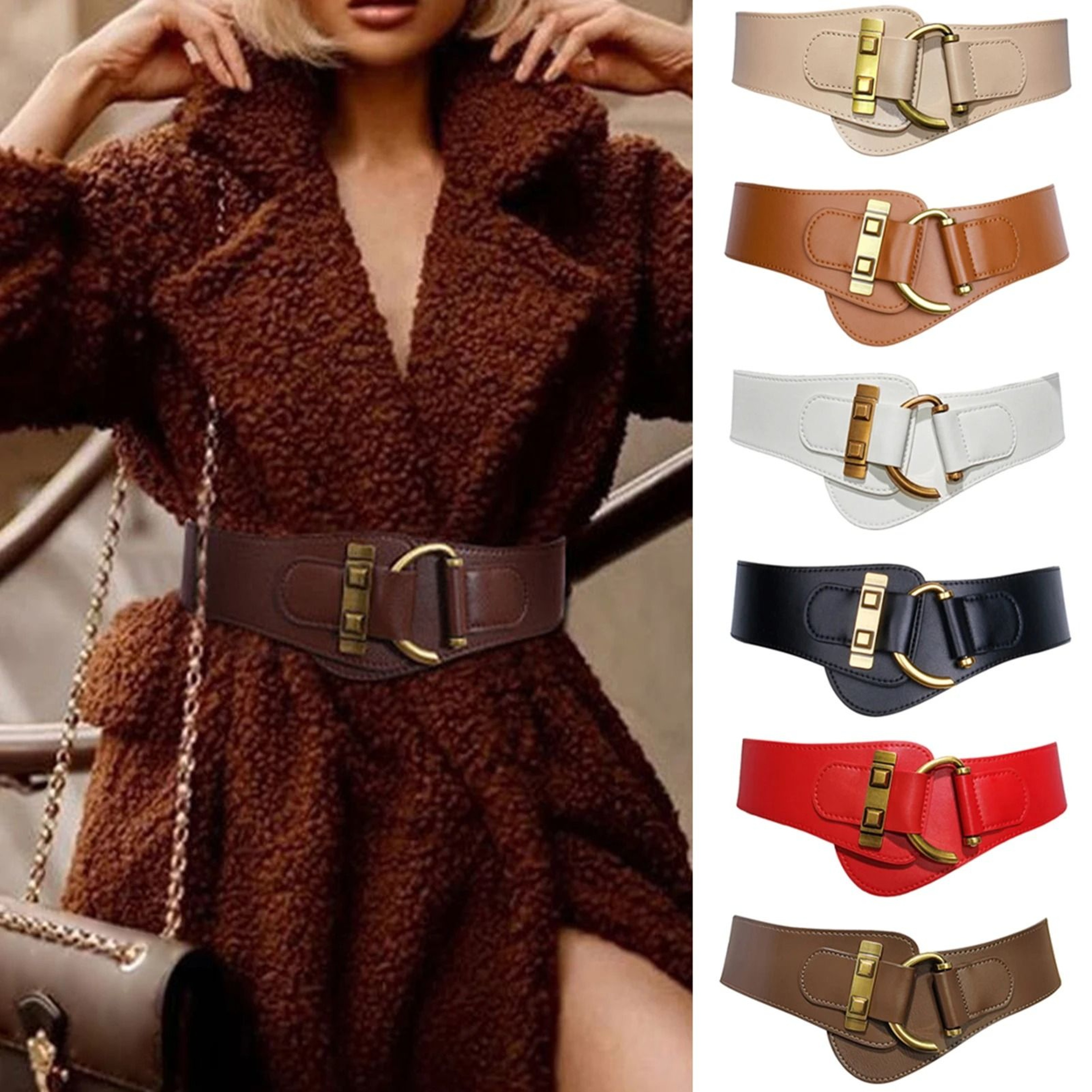Womens PureColor Leather Waist Belt With Gold Buckle  Soft Adjustable Accent Belt For Dresses  Coat 0