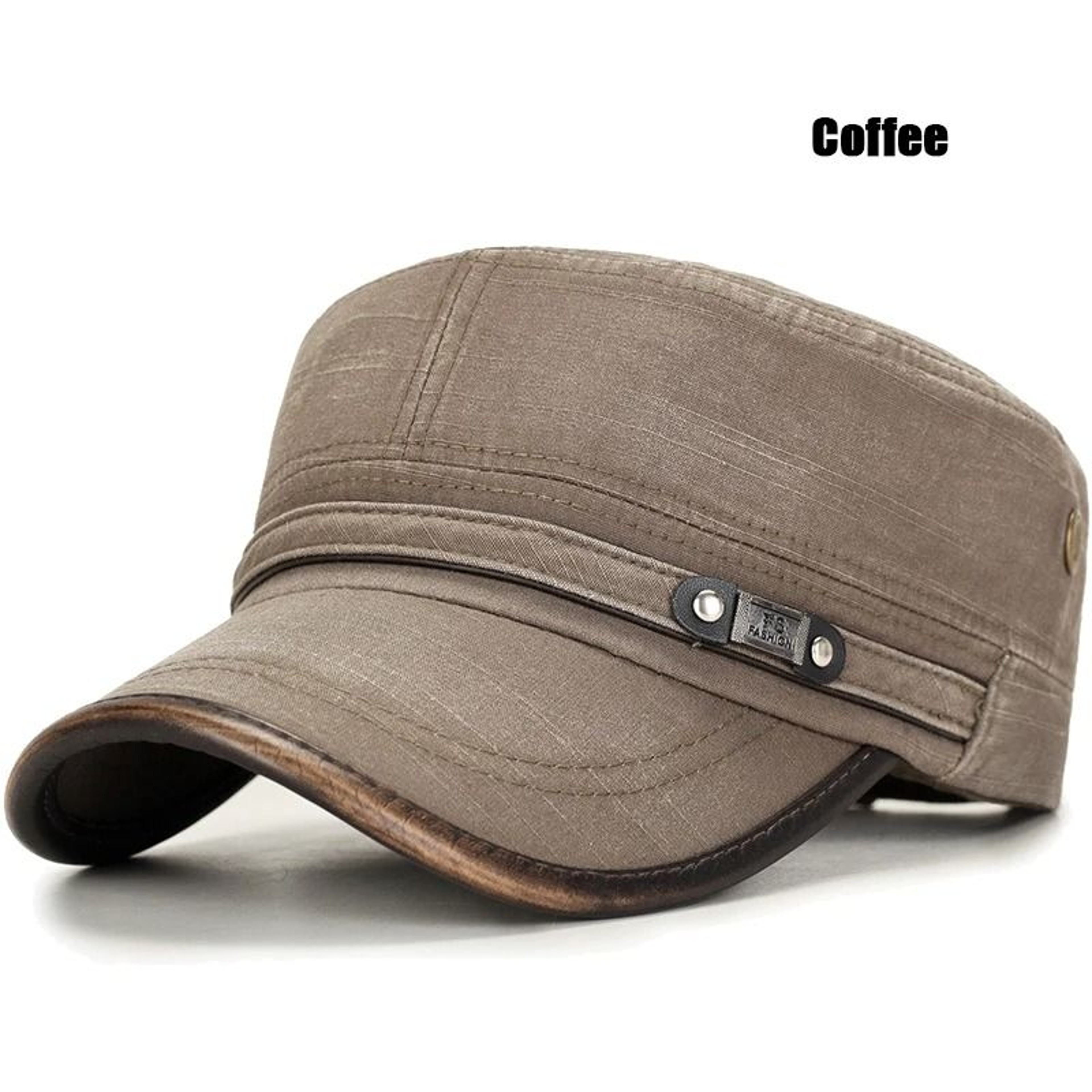 Distressed Washed Cotton Cadet Flat Cap With Leather Binding  Adjustable Sun Hat  Military Dad Cap 10