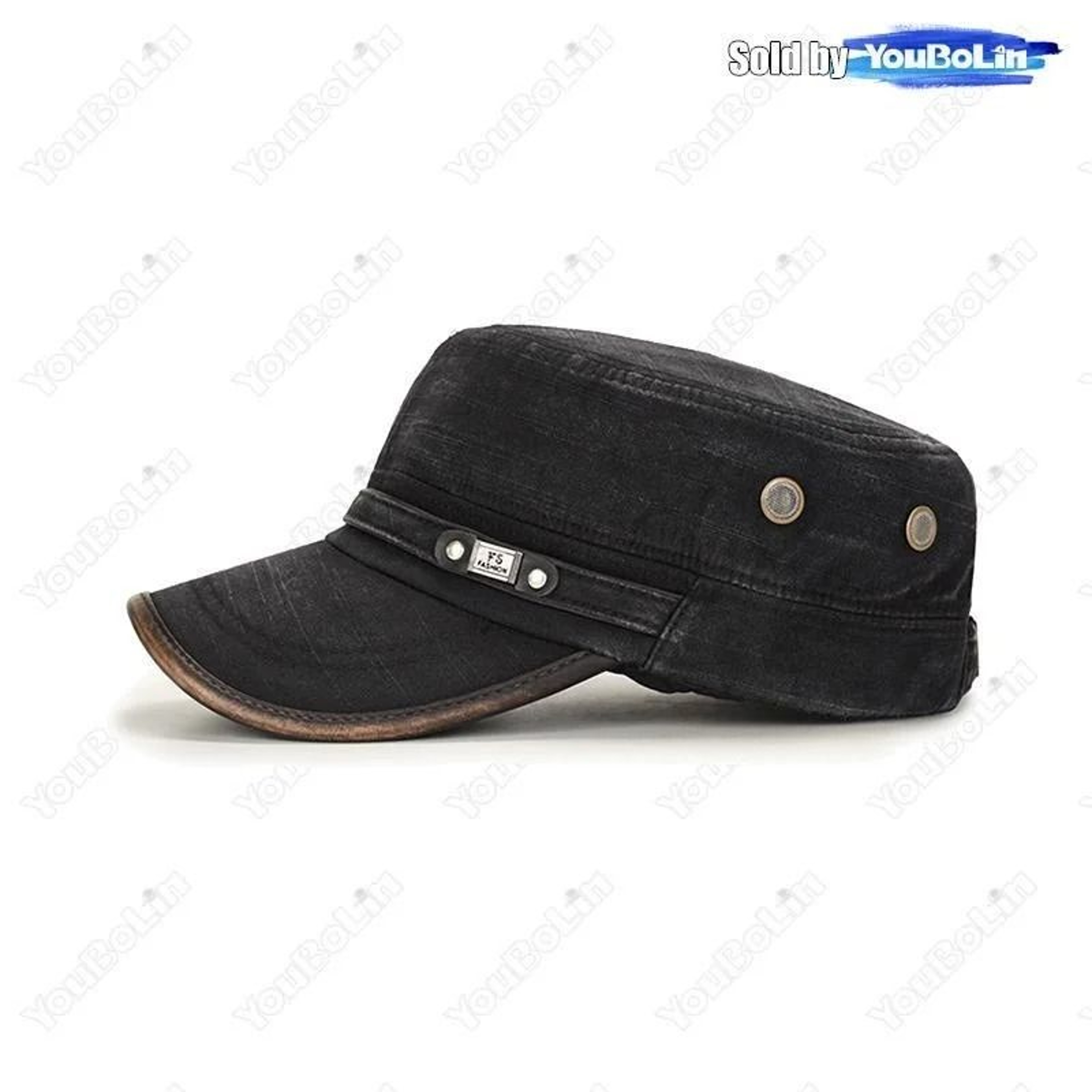 Distressed Washed Cotton Cadet Flat Cap With Leather Binding  Adjustable Sun Hat  Military Dad Cap 4