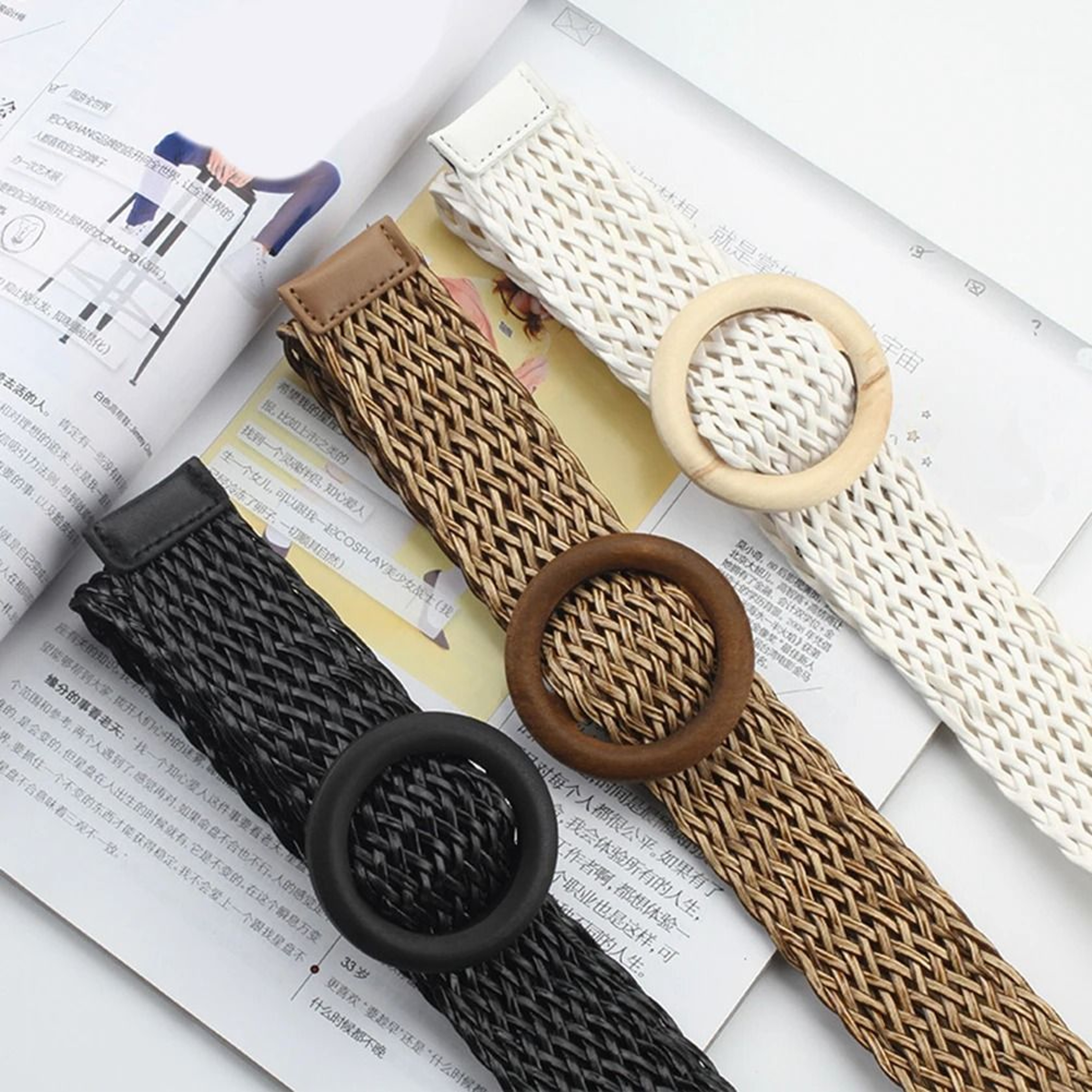 Womens Boho Braided Elastic Stretch Belt  Vintage Faux Straw Woven Waistband With Buckle For Dresse 0