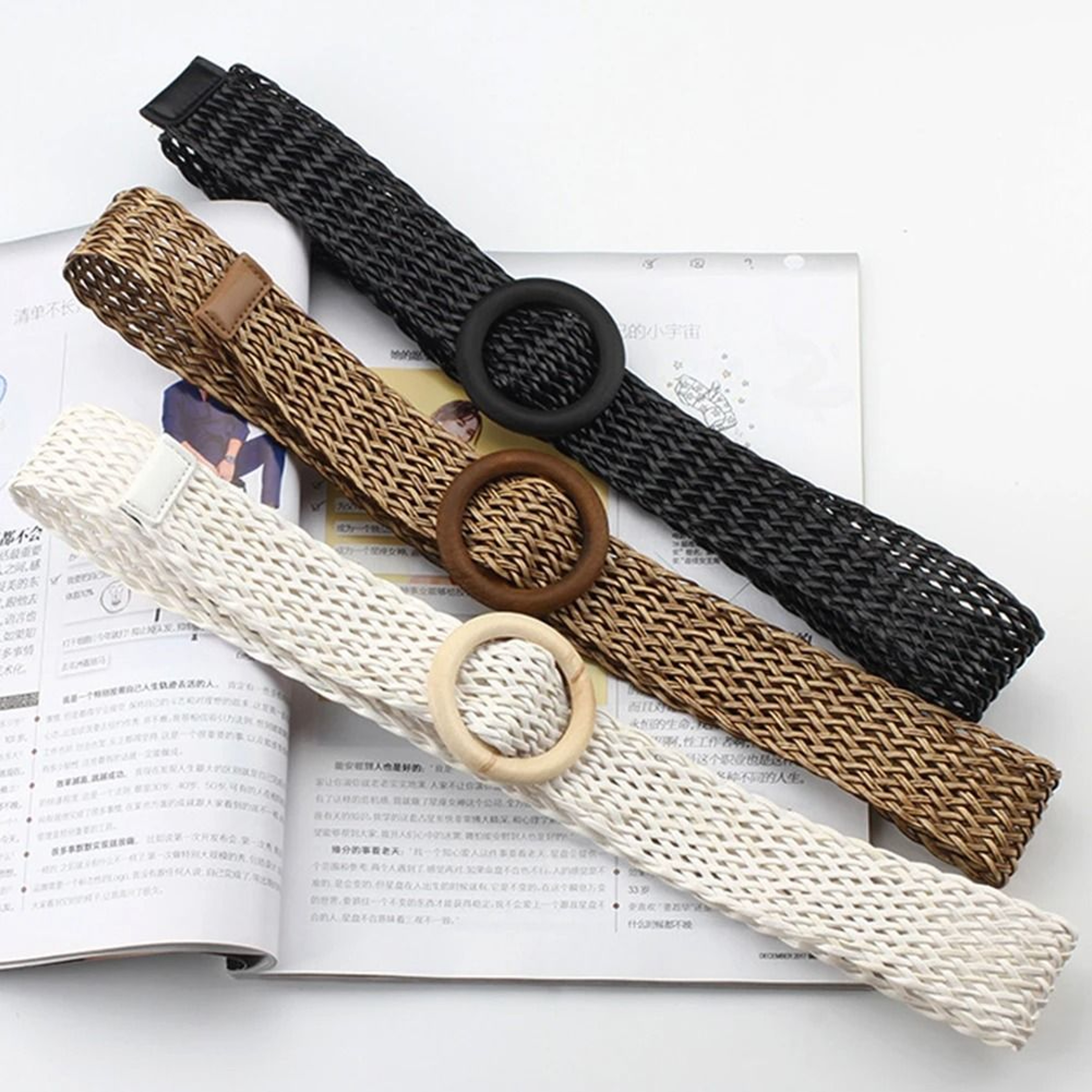 Womens Boho Braided Elastic Stretch Belt  Vintage Faux Straw Woven Waistband With Buckle For Dresse 1