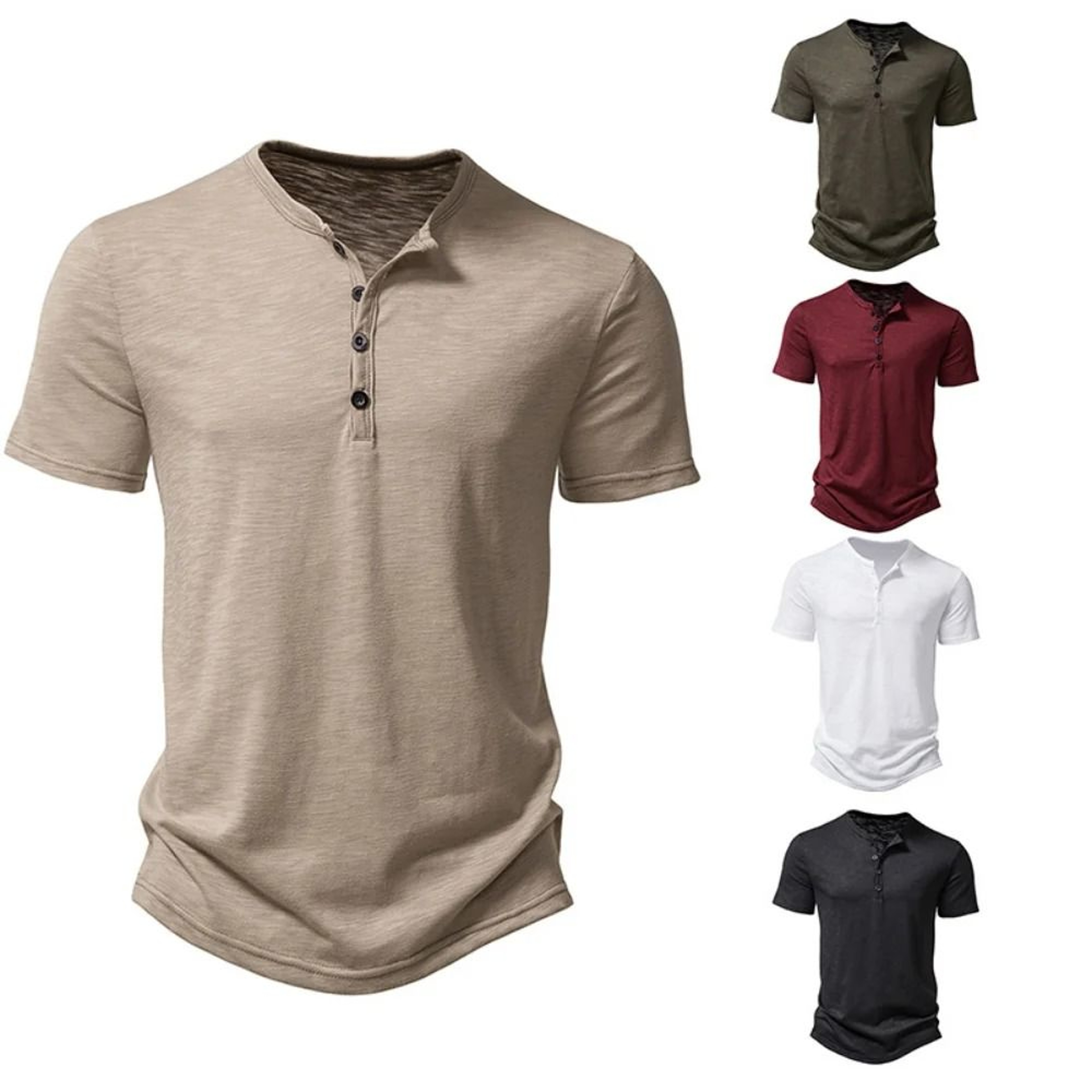Mens Premium Henley Collar Short Sleeve TShirt  HighQuality Casual Solid Color Summer Polo Shirt 1