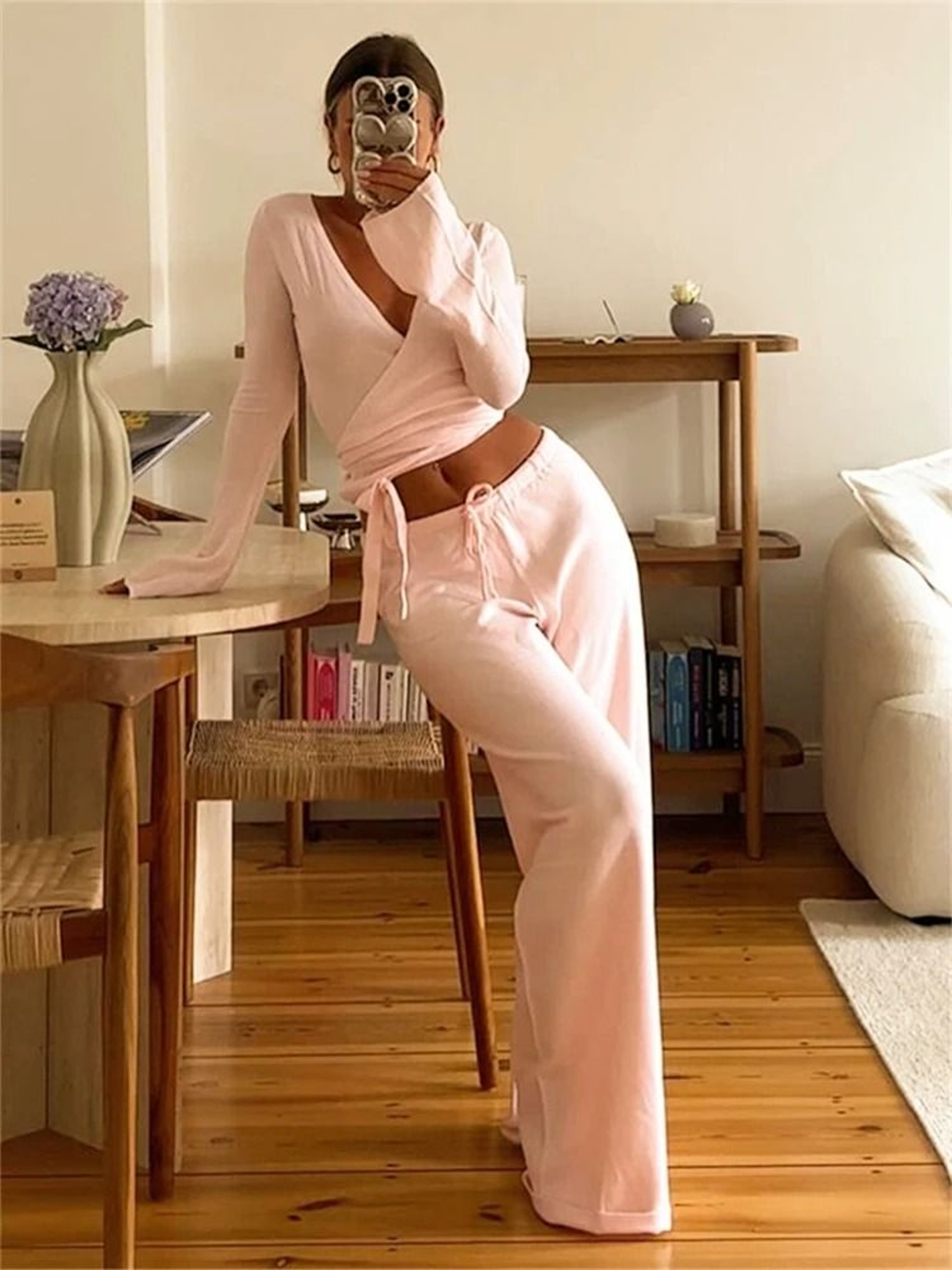 Womens 2Piece Flare Sleeve Crop Cardigan  Loose Pants Lounge Set  Autumn LaceUp Solid Color Outfit 5