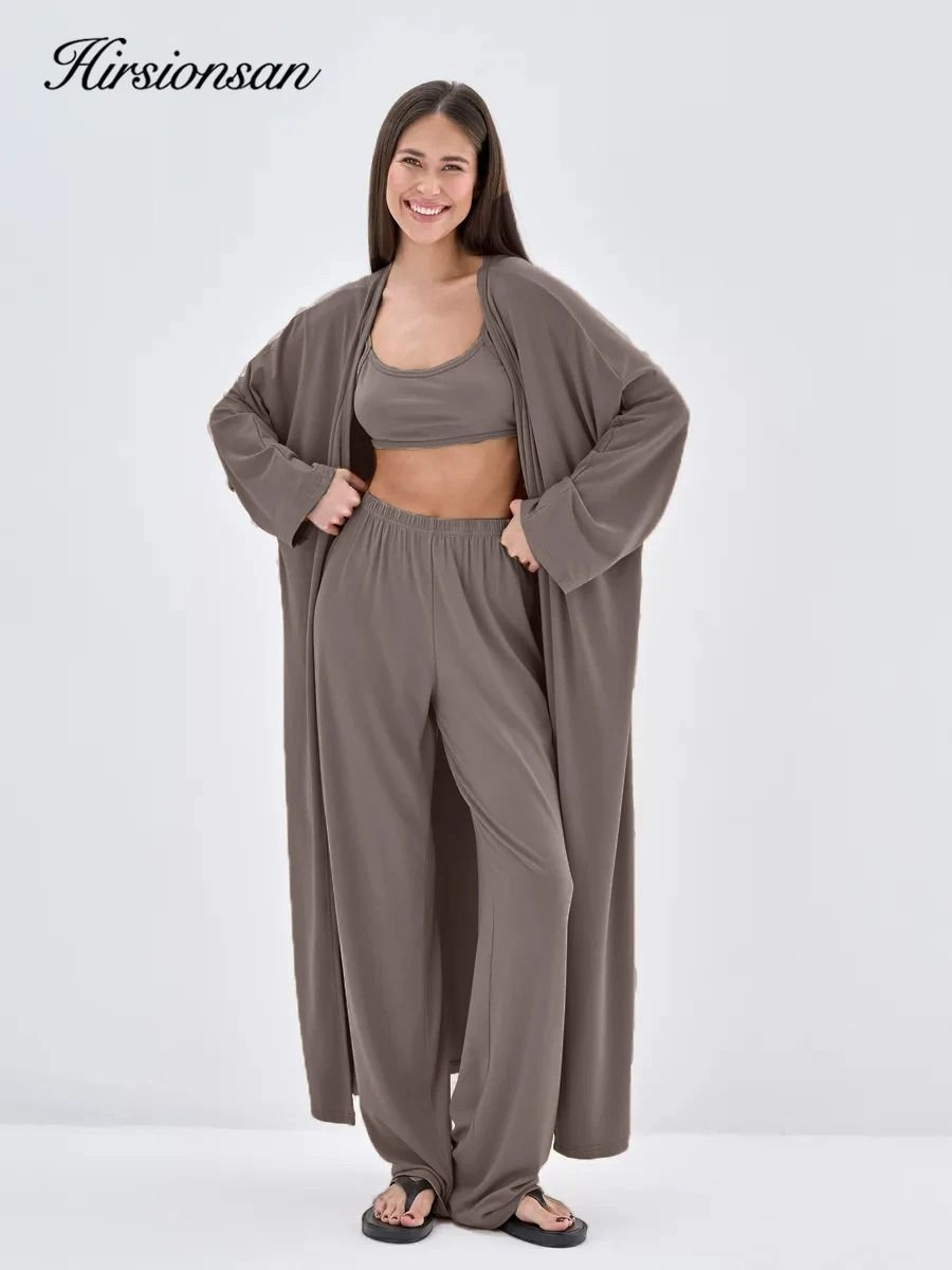 Hirsionsan UltraSoft Modal 3Piece Lounge Set  Casual Long Sleeve Cardigan High Waist Pants  Vest Ou 2