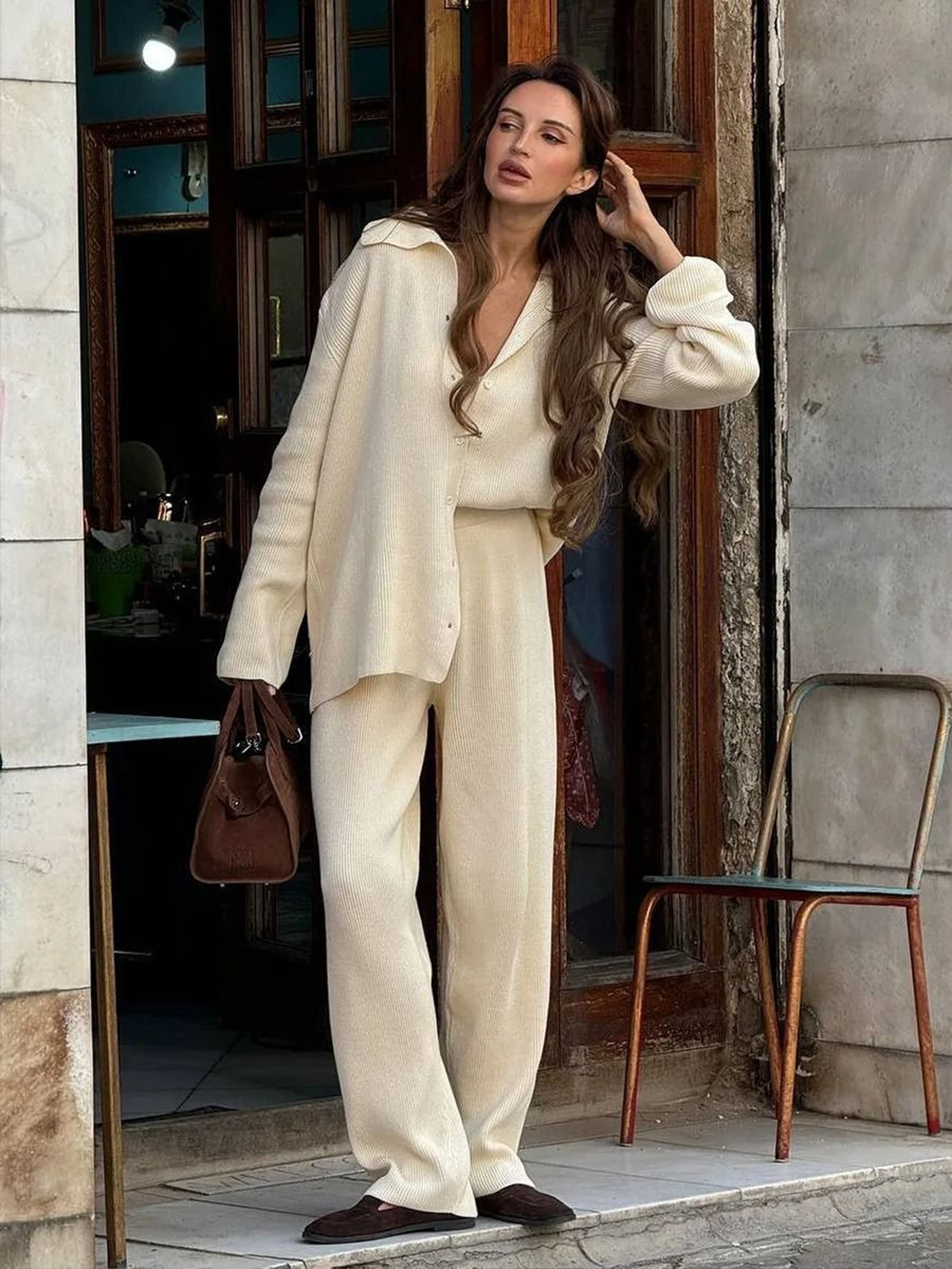 Bornladies Autumn Winter Thick Knit Cardigan  Pants Set  Loose Casual 2Piece Knitted Sweater Suit 0