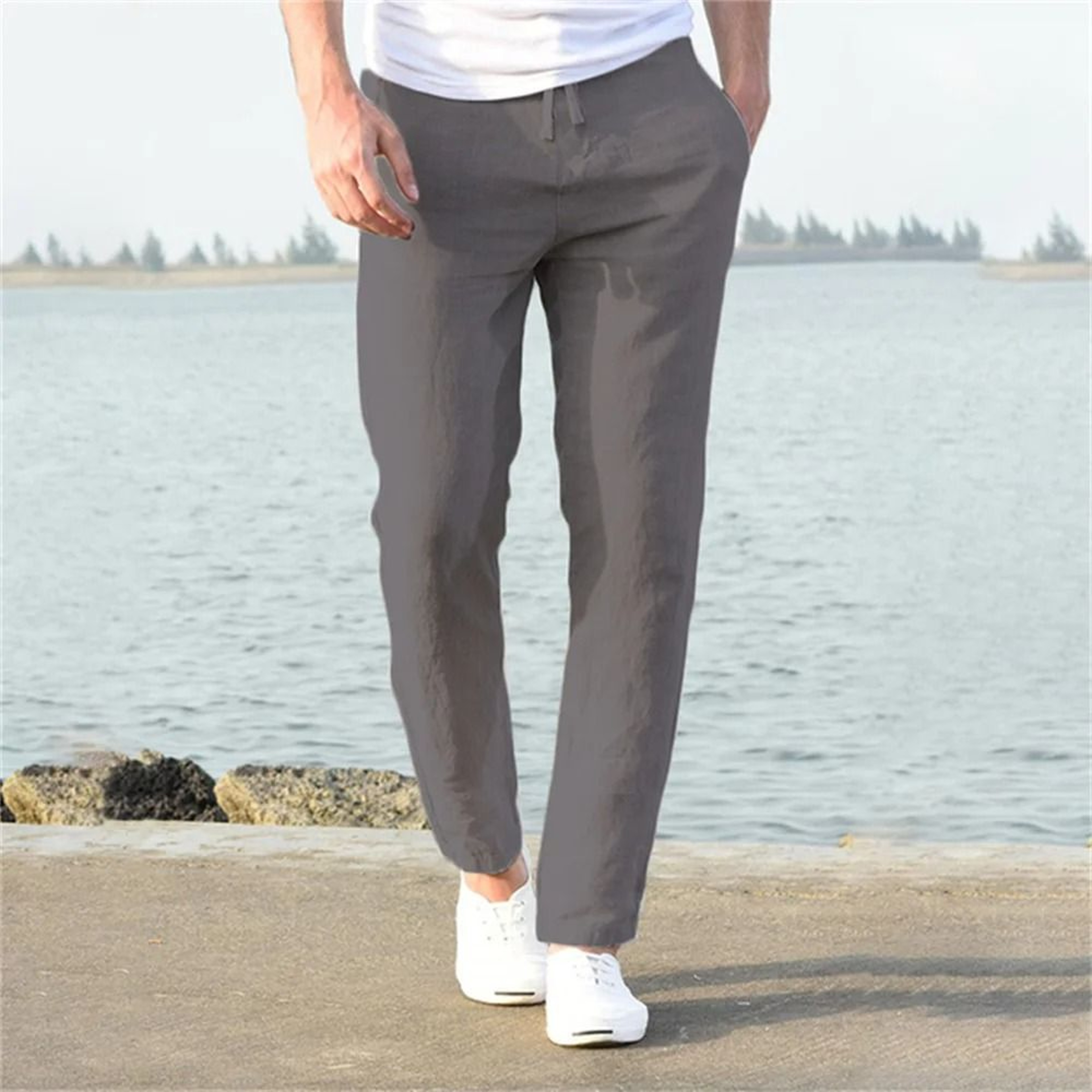 Mens Cotton Linen Pants  Breathable Solid Color Trousers For Casual Fitness  Streetwear 10