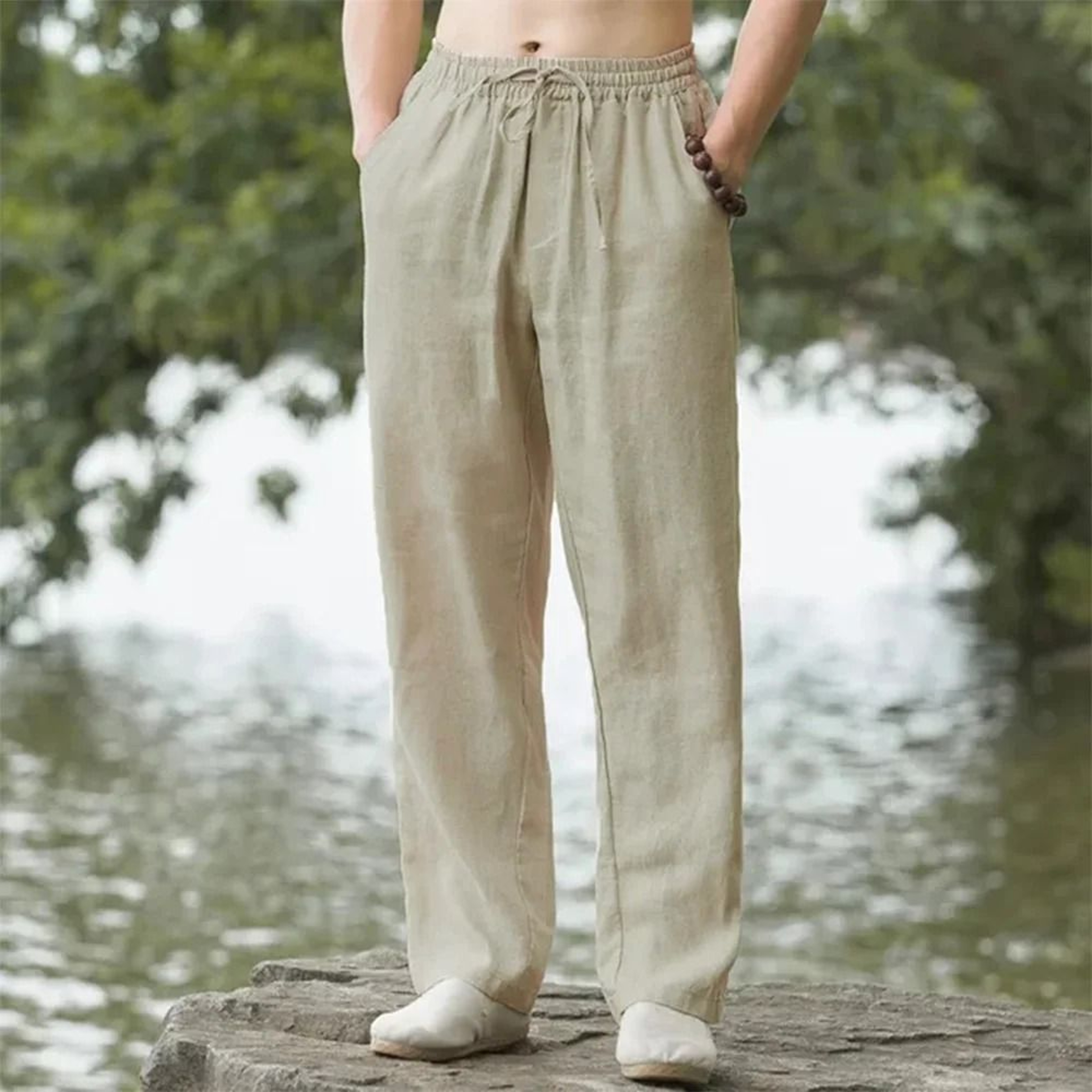 Mens Cotton Linen Beach Pants  Loose Casual Hawaiian Vacation Joggers  Summer Sweatpants 0