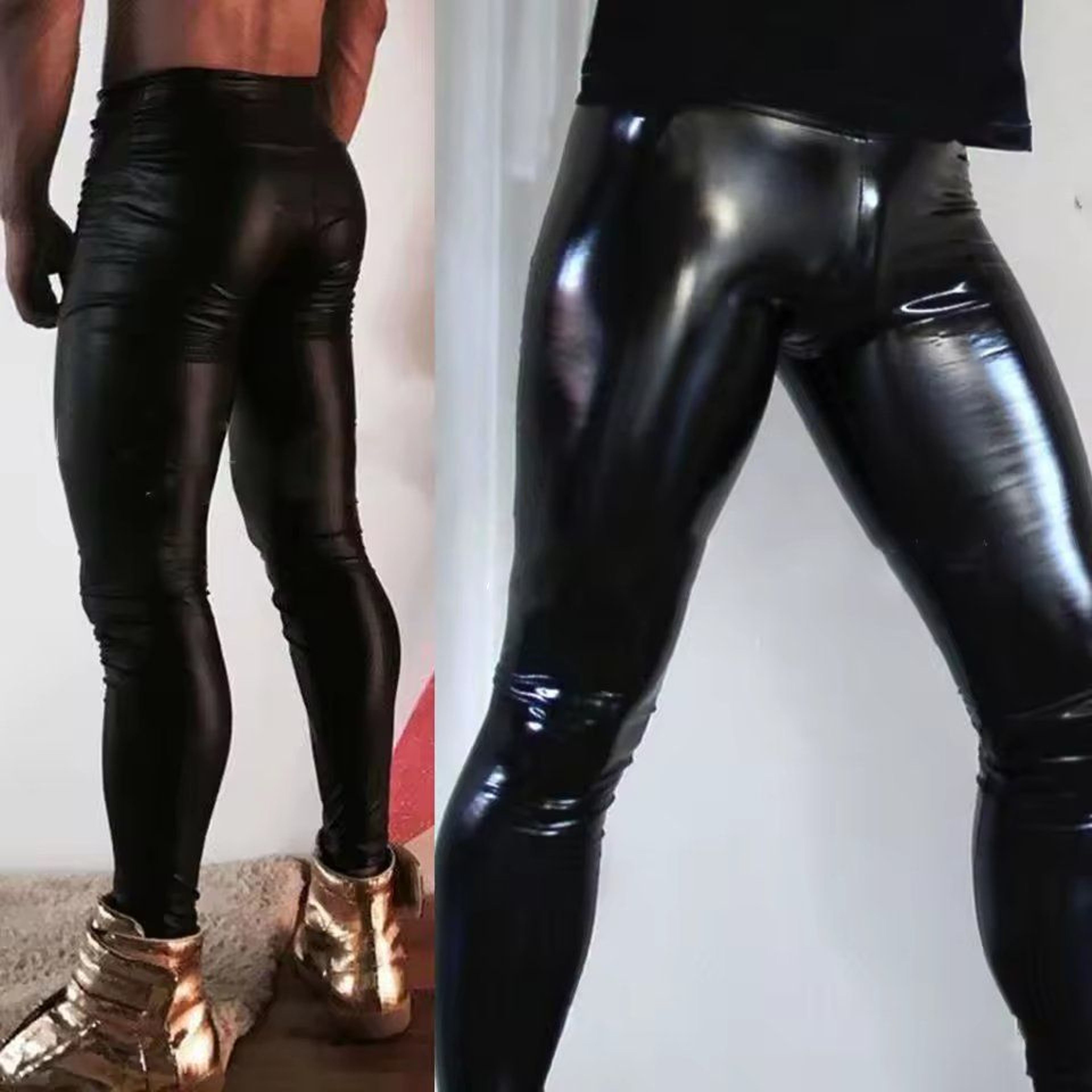 Mens WetLook PU Leather Skinny Pouch Pants  Party Performance Clubwear  Tight Stage Trousers 3