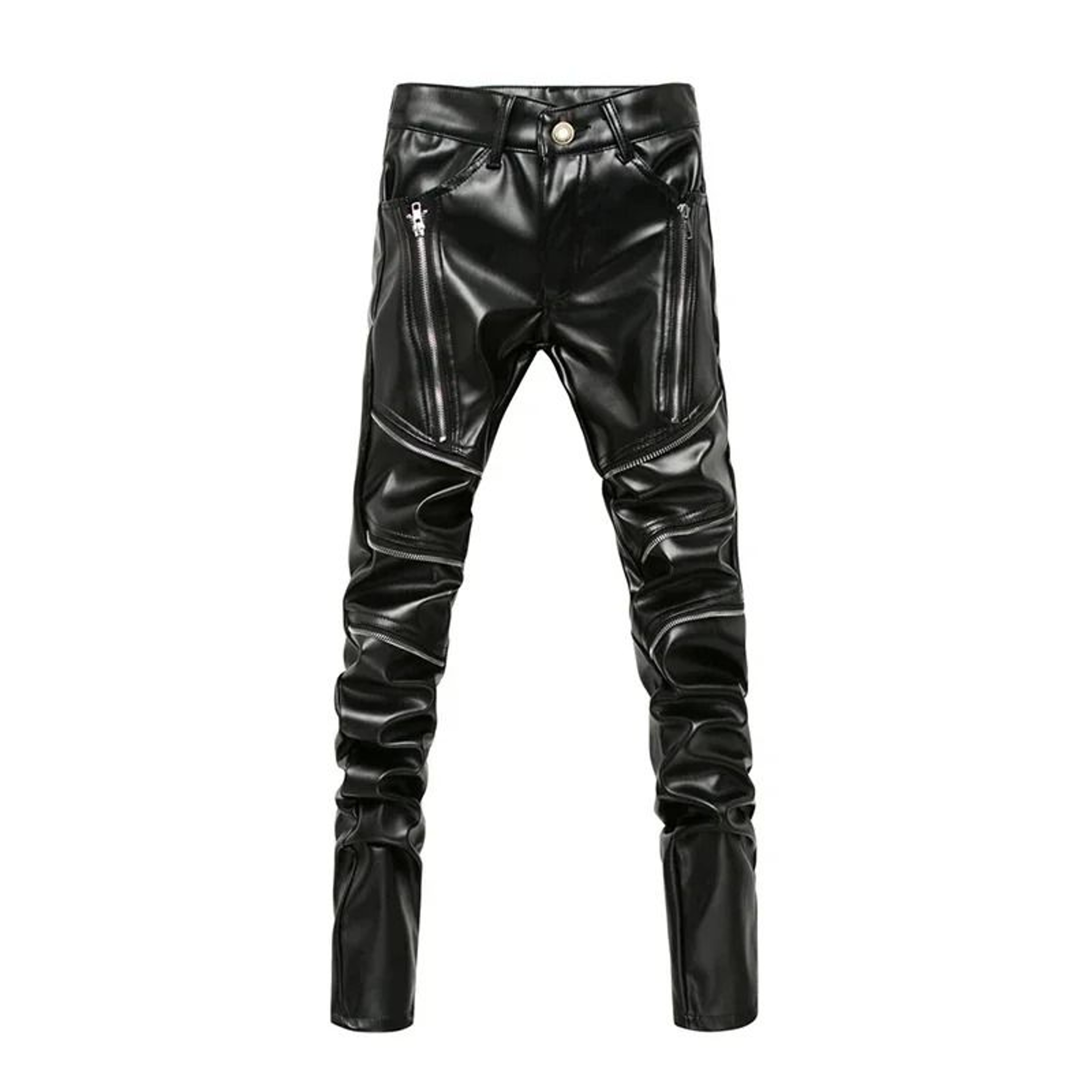 Mens Winter Skinny Biker PU Leather Pants  High Street Fashion Motorcycle Trousers For Club  Stage  6