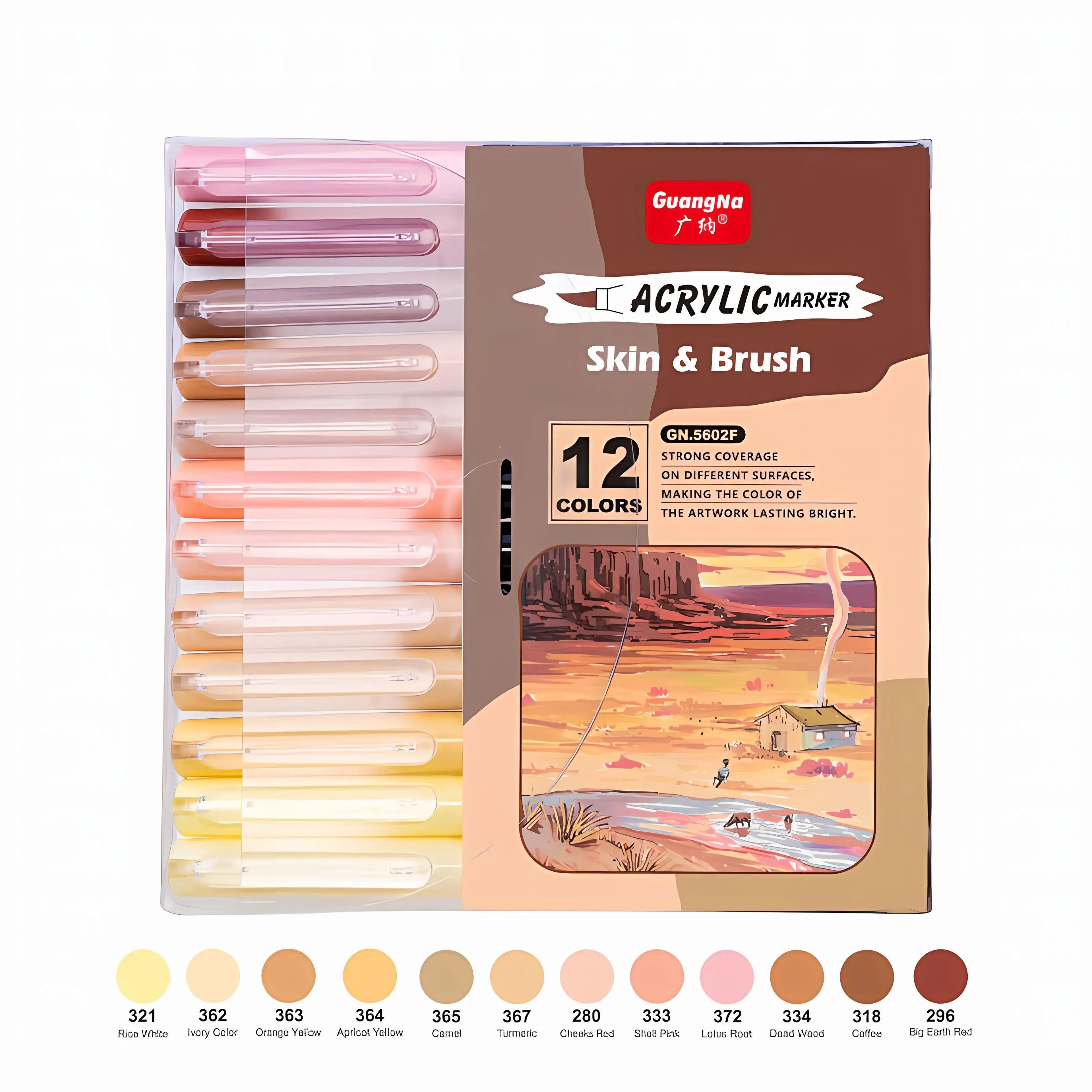 12 Color Skin Tone Acrylic Markers Set  Soft Brush Nib Waterproof Paint Pens 6