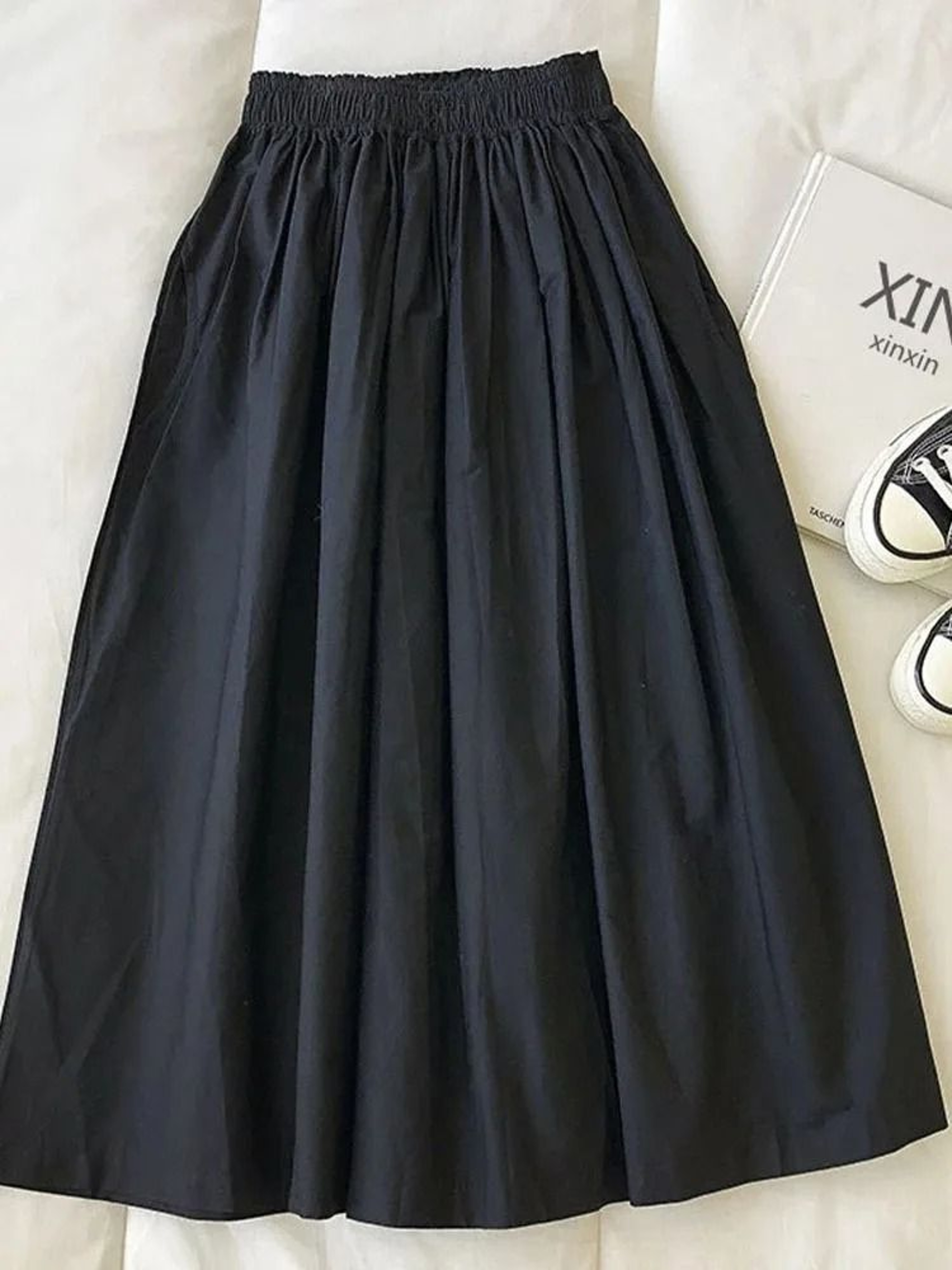 Womens White HighWaist ALine Pleated Long Skirt With Pockets  Casual Elegant Midi Skirt 5