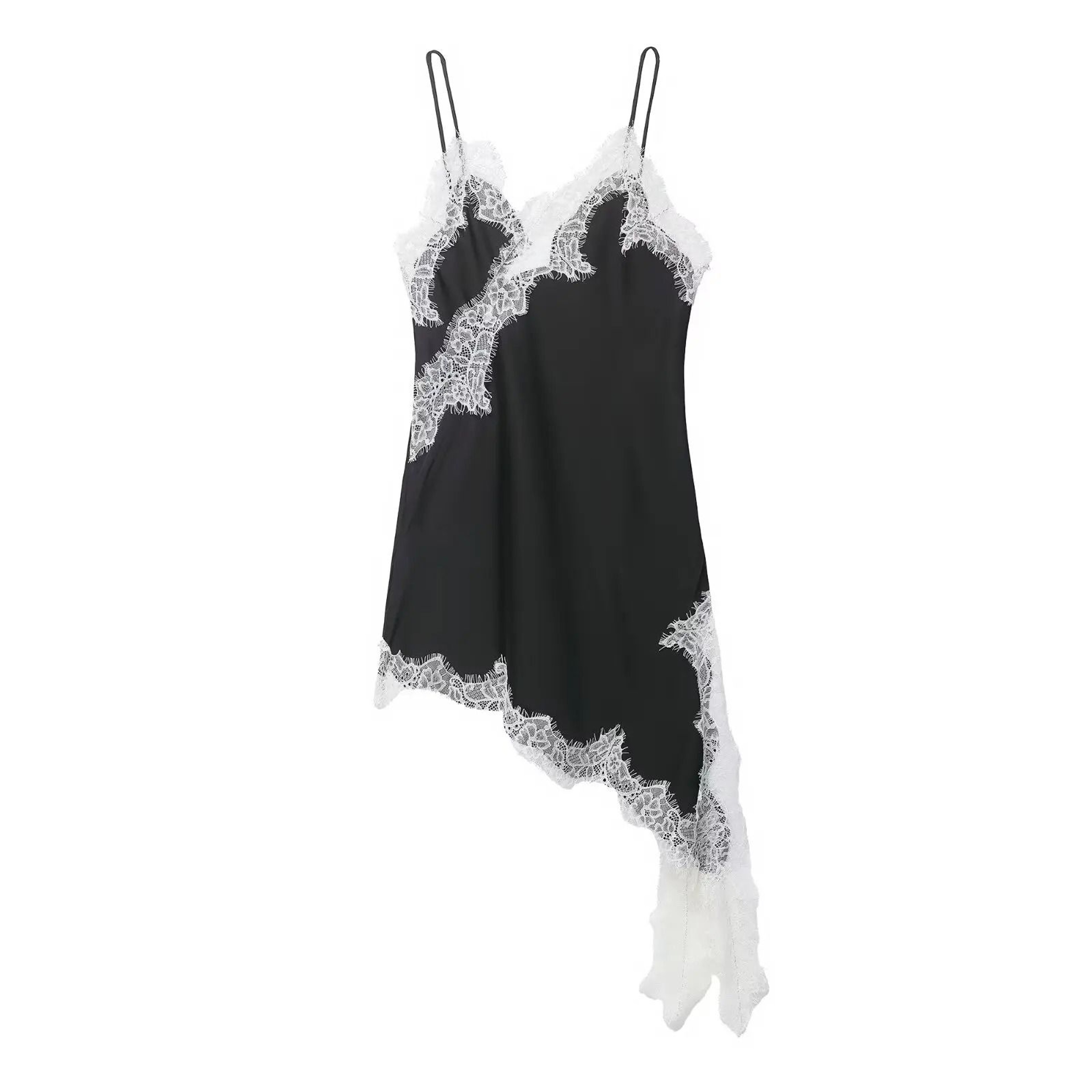 Satin Sexy Lace Spliced Short Sling Dress  Sleeveless Backless Asymmetric Party Mini Dress For Wome 19