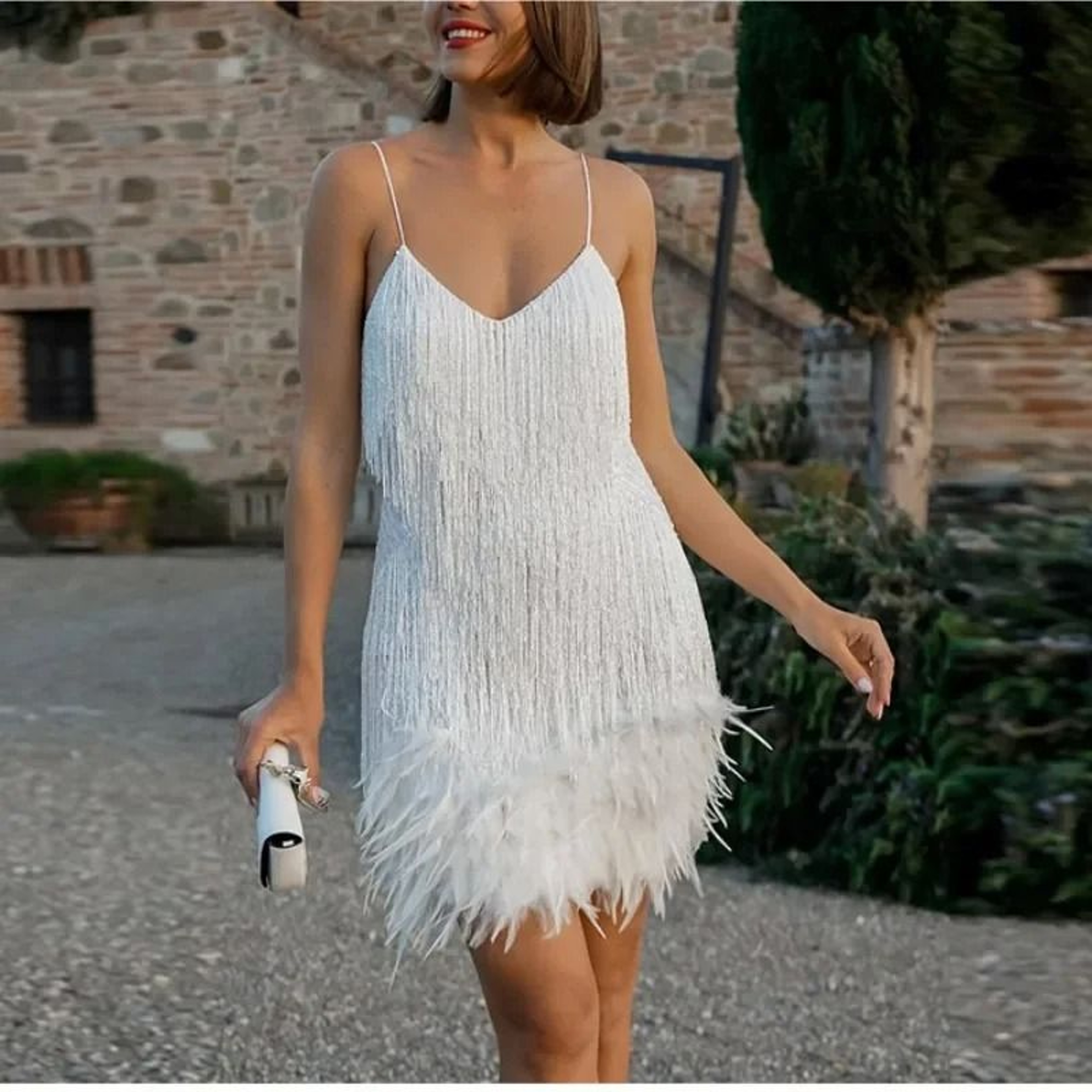 Sexy Tassel Sequin Feather Mini Dress  Spaghetti Strap Stitching Evening Party  Club Dress 7