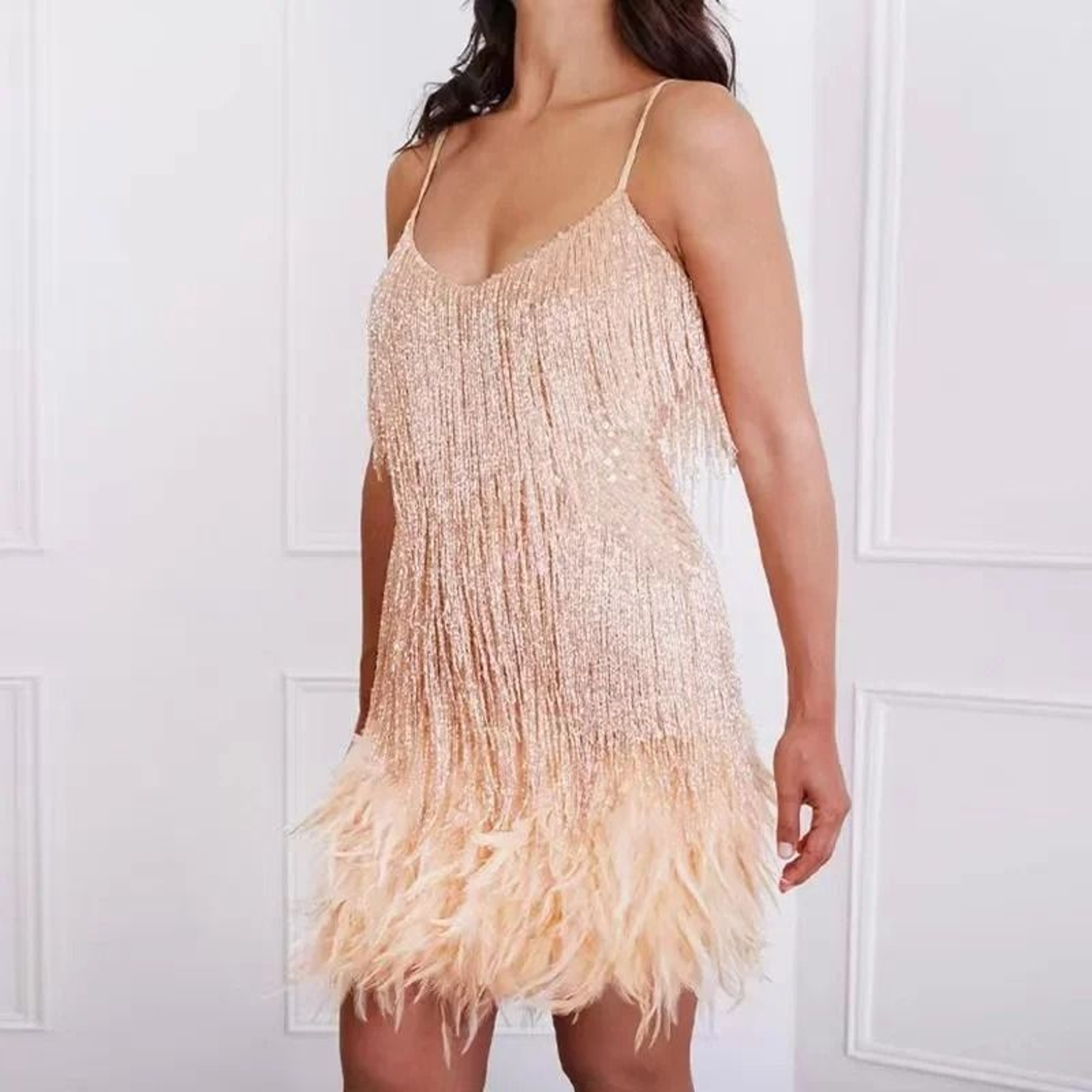Sexy Tassel Sequin Feather Mini Dress  Spaghetti Strap Stitching Evening Party  Club Dress 8