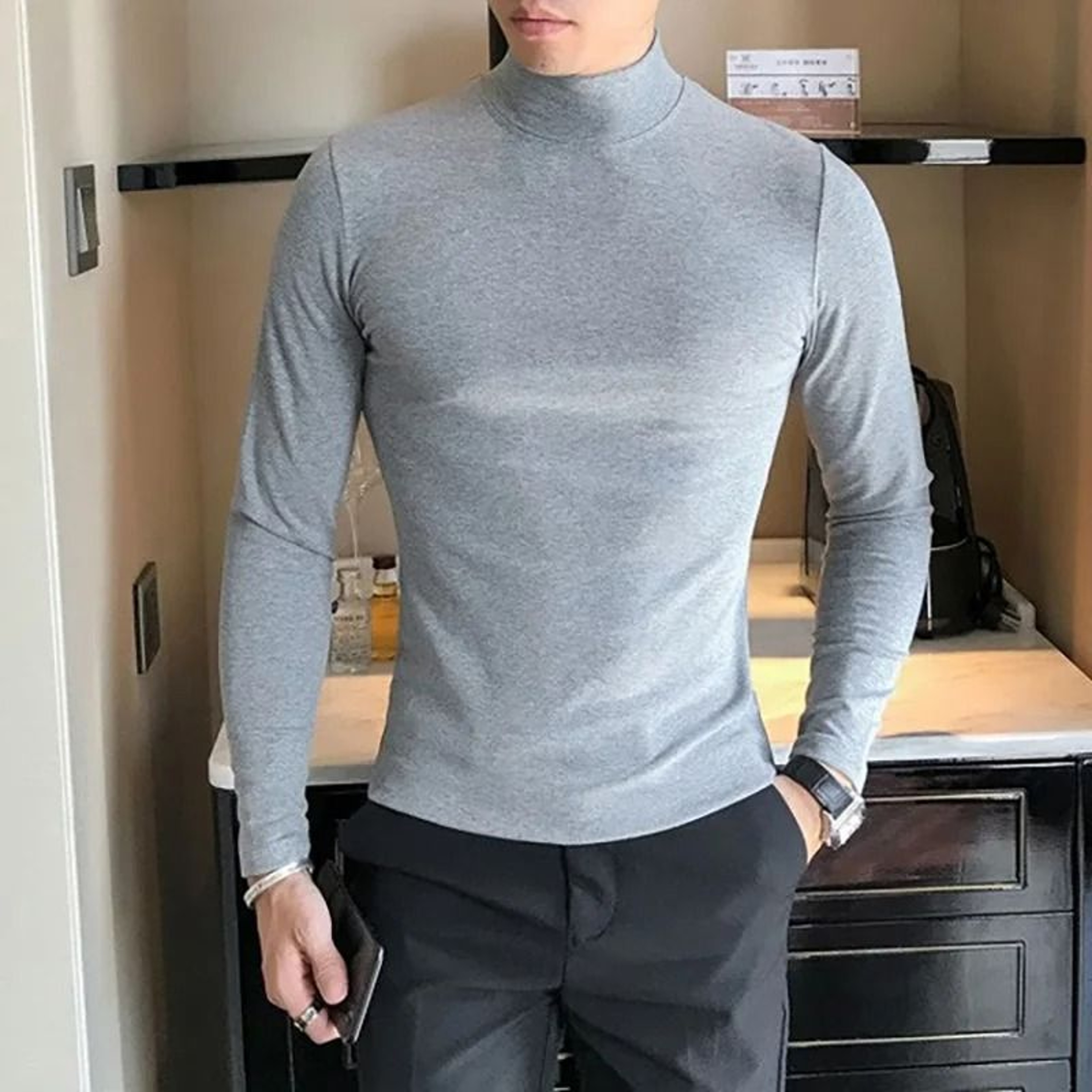 Mens HighElasticity Turtleneck TShirt  Slim Fit Long Sleeve Solid Bottoming Pullover 9