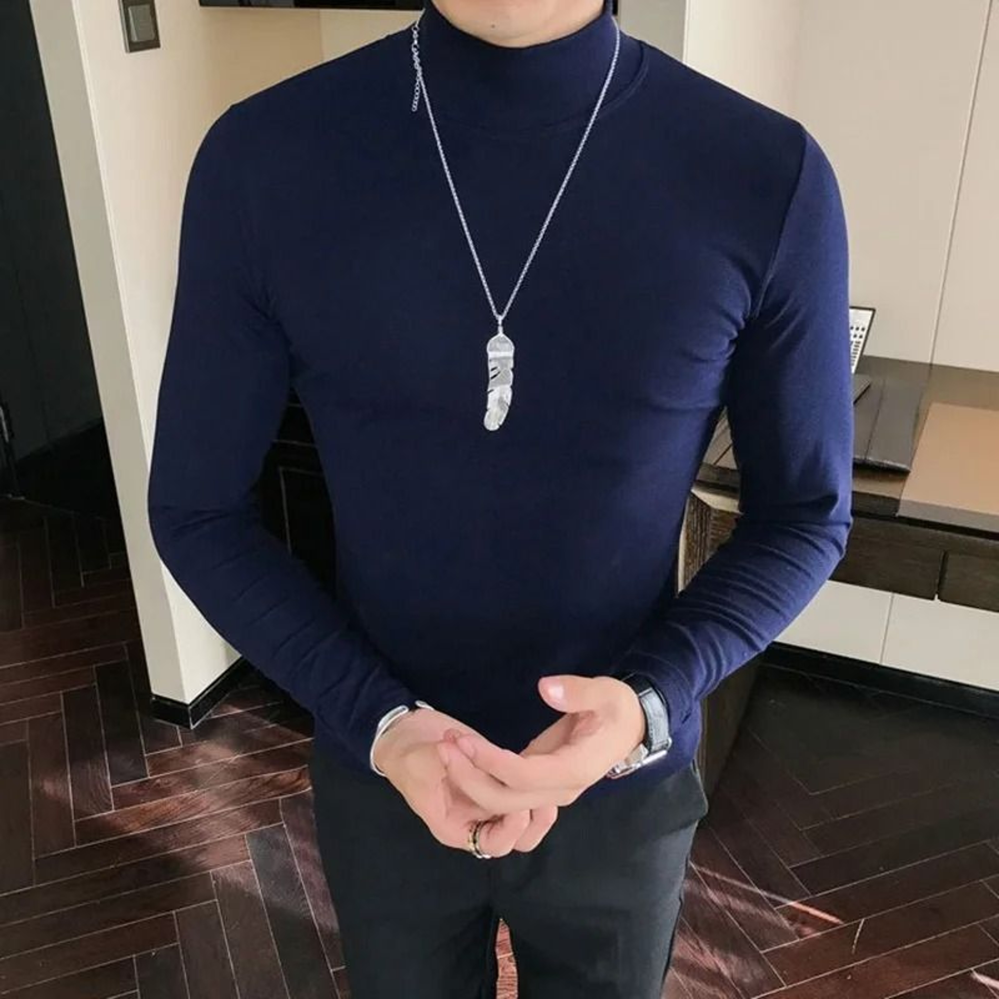 Mens HighElasticity Turtleneck TShirt  Slim Fit Long Sleeve Solid Bottoming Pullover 12