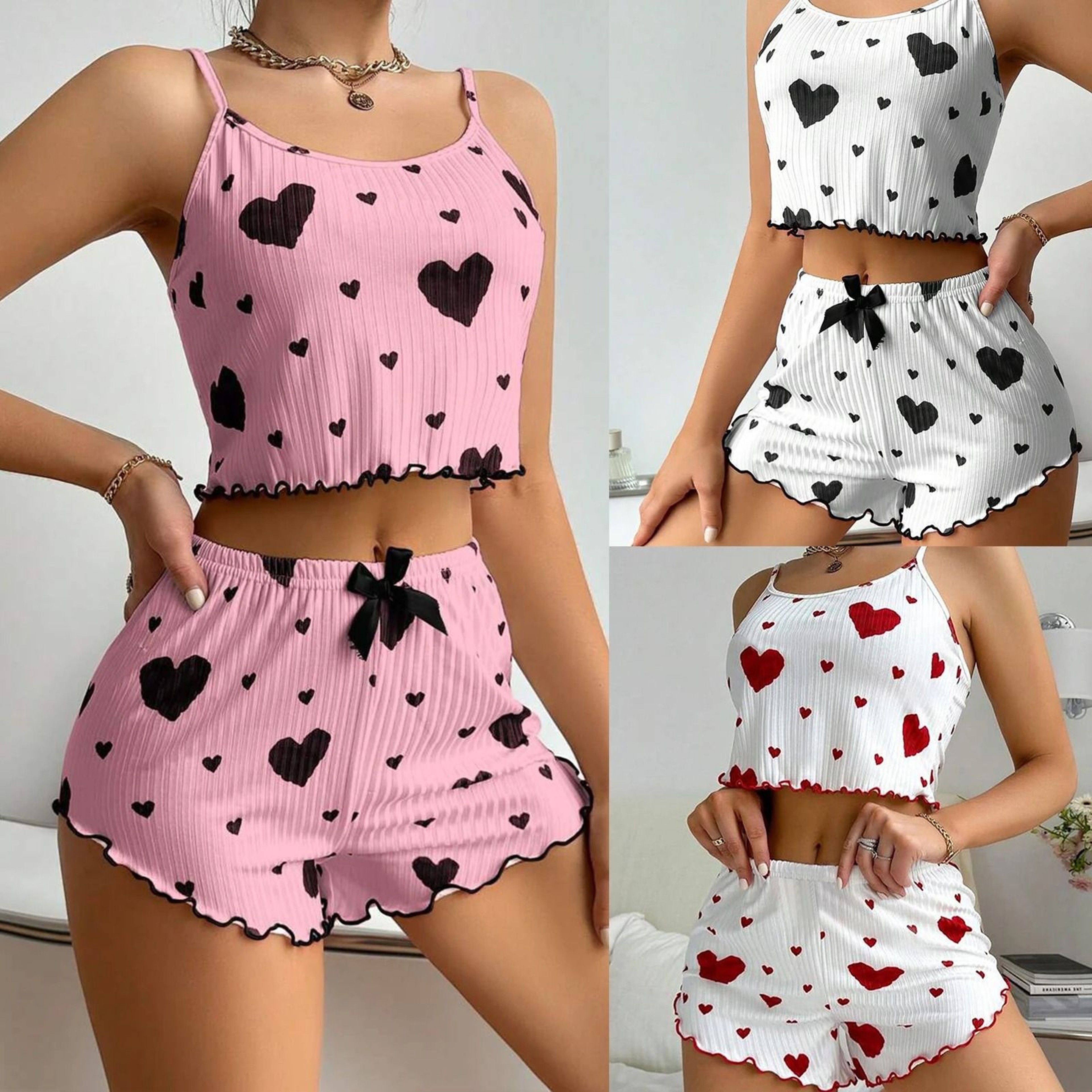 Womens 2Piece Heart Print Pajama Set  Summer Camisole Sling Vest  Shorts Sleepwear Set 3