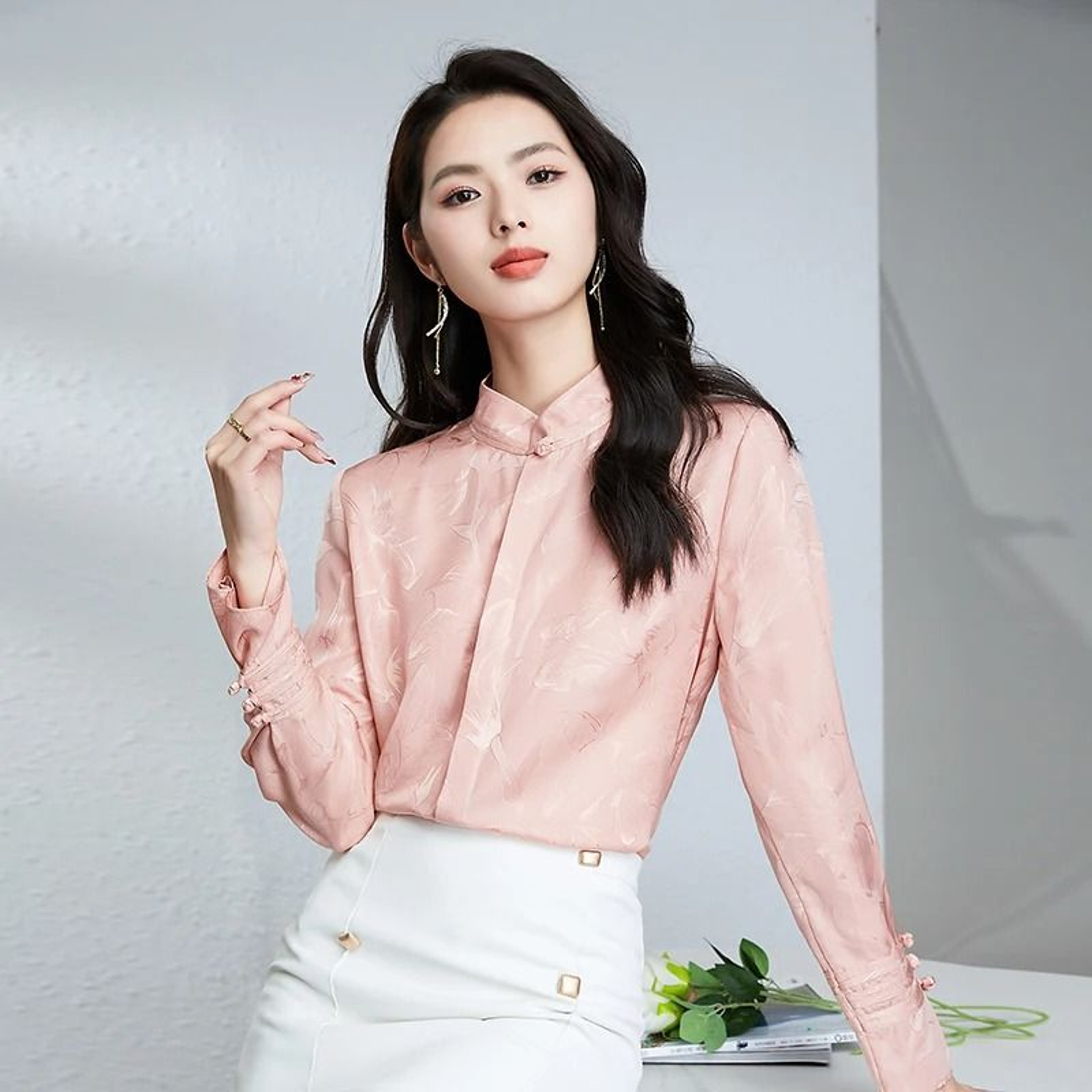 100 Pure Mulberry Silk Womens Blouse  Designer Jacquard Stand Collar Long Sleeve Shirt 2
