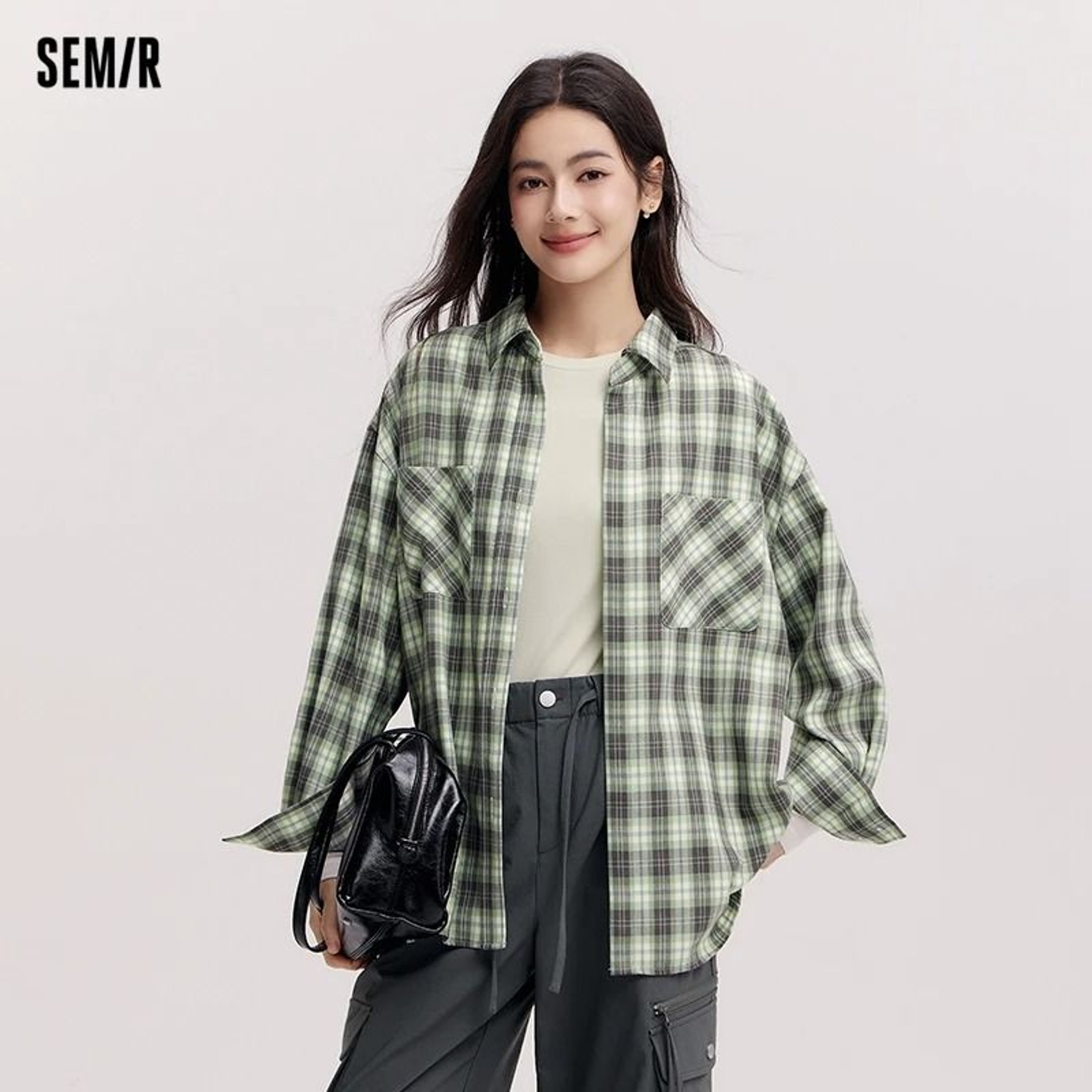Semir Womens Oversized Checked Shirt  MidLong Vintage ButtonDown Spring Top 1