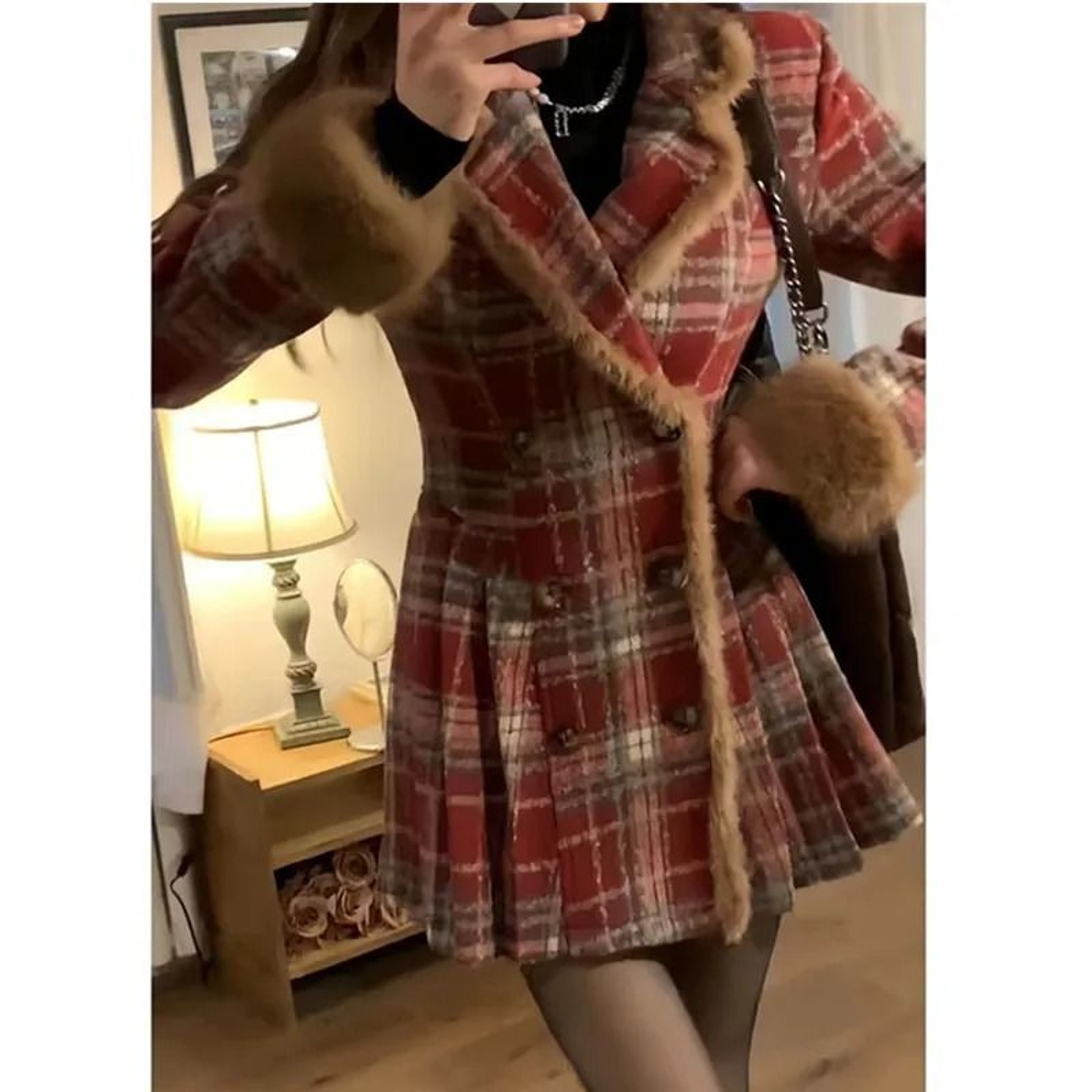 Womens DoubleBreasted Plaid Woolen Coat  VNeck Autumn  Winter Outerwear 4