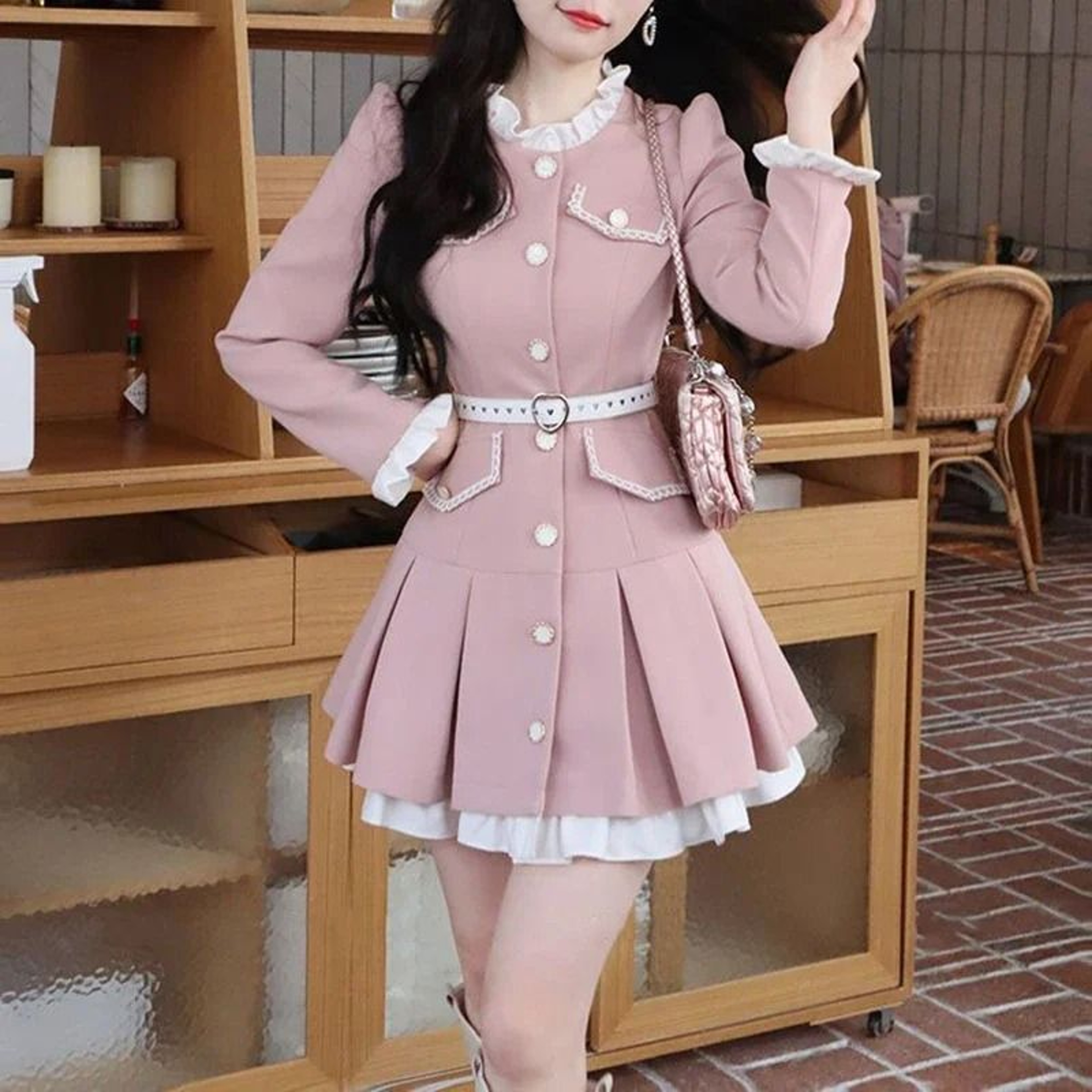Y2K Vintage Belted Pleated Mini Dress  Lolita Kawaii Pink  Black Patchwork Bodycon Dress 2