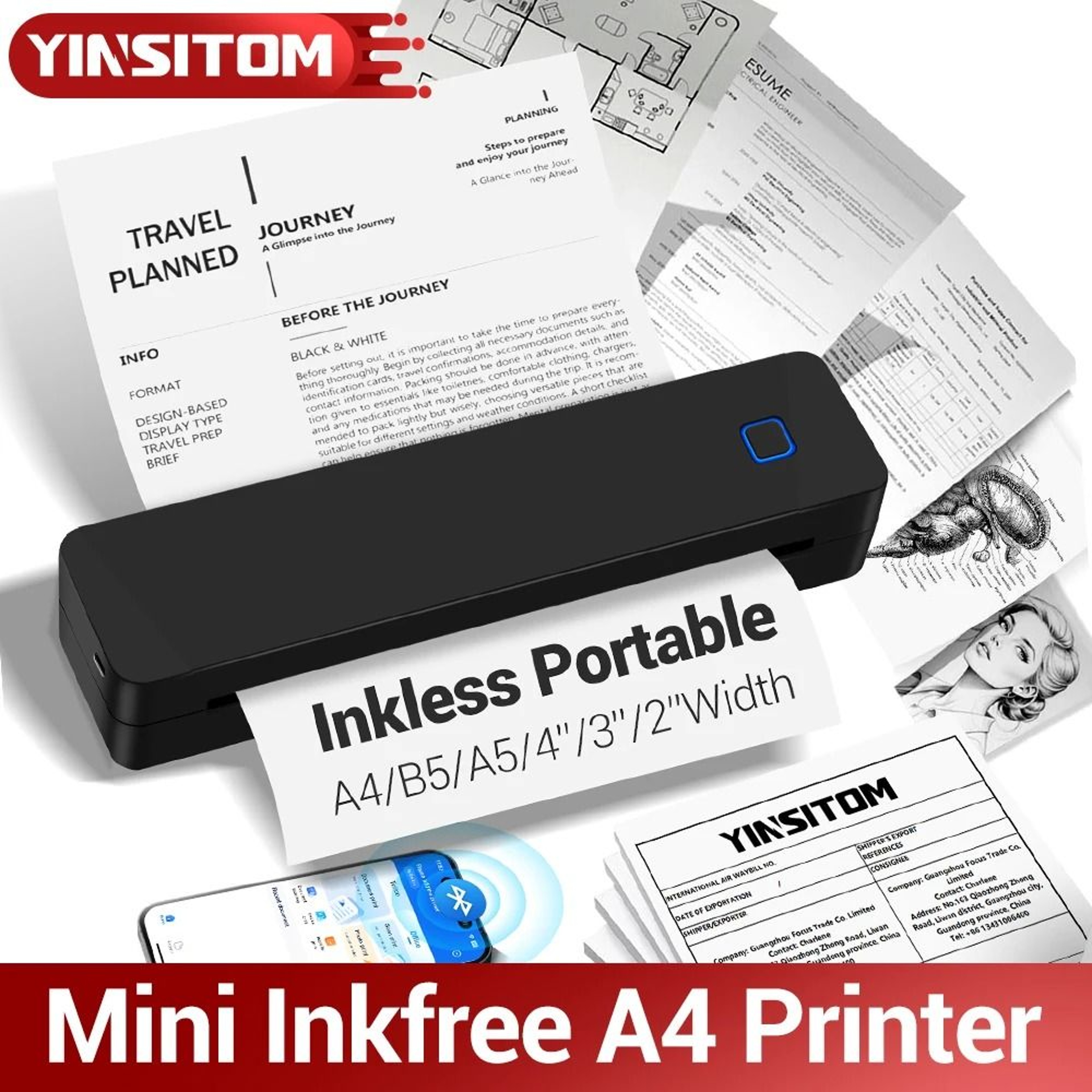 Mini A4 Portable Wireless Bluetooth Thermal Document Printer For Business Office  Home 0