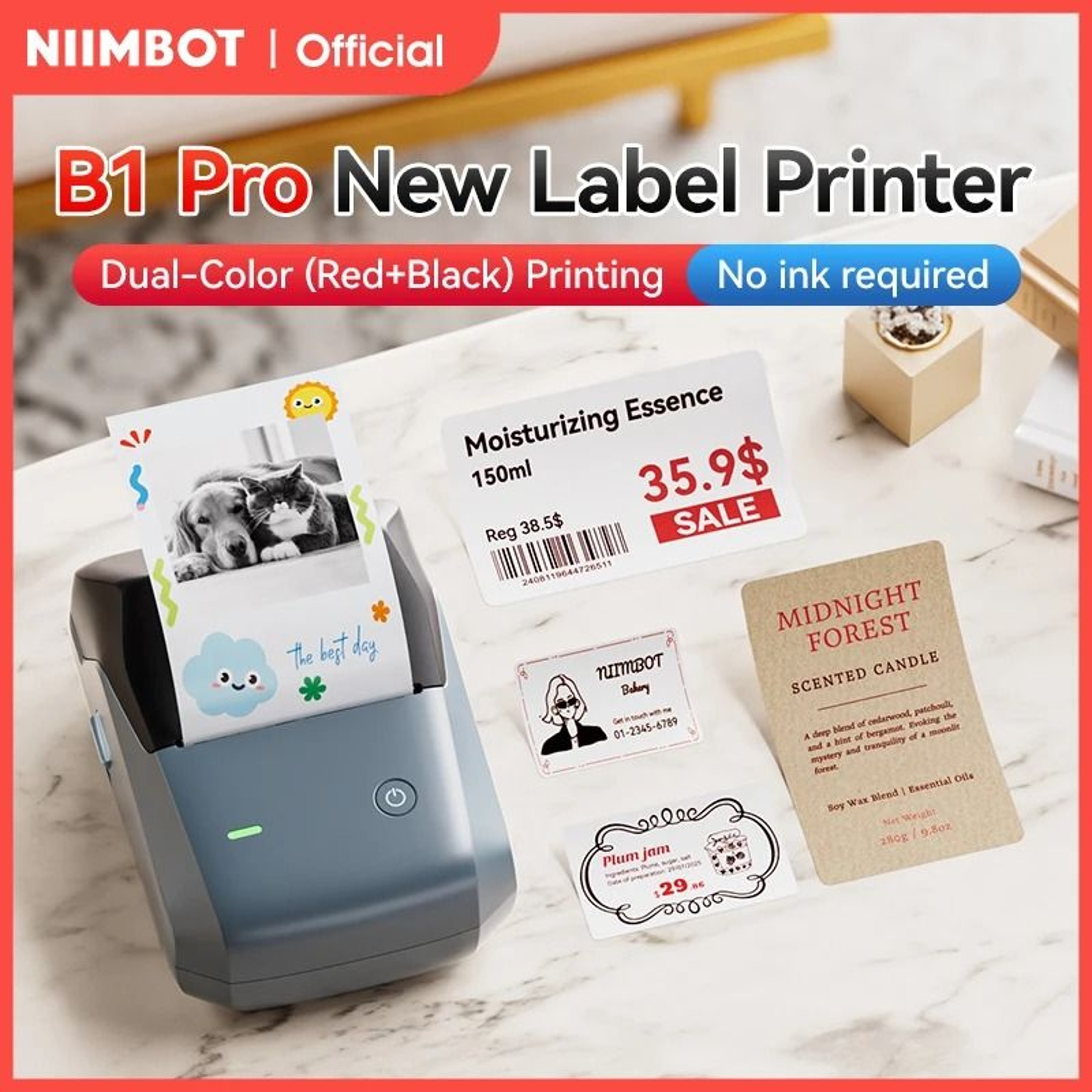 NIIMBOT B1 Pro Label Printer 300 DPI HighDefinition Red  Black Color Direct Thermal SelfAdhesive Ma 0