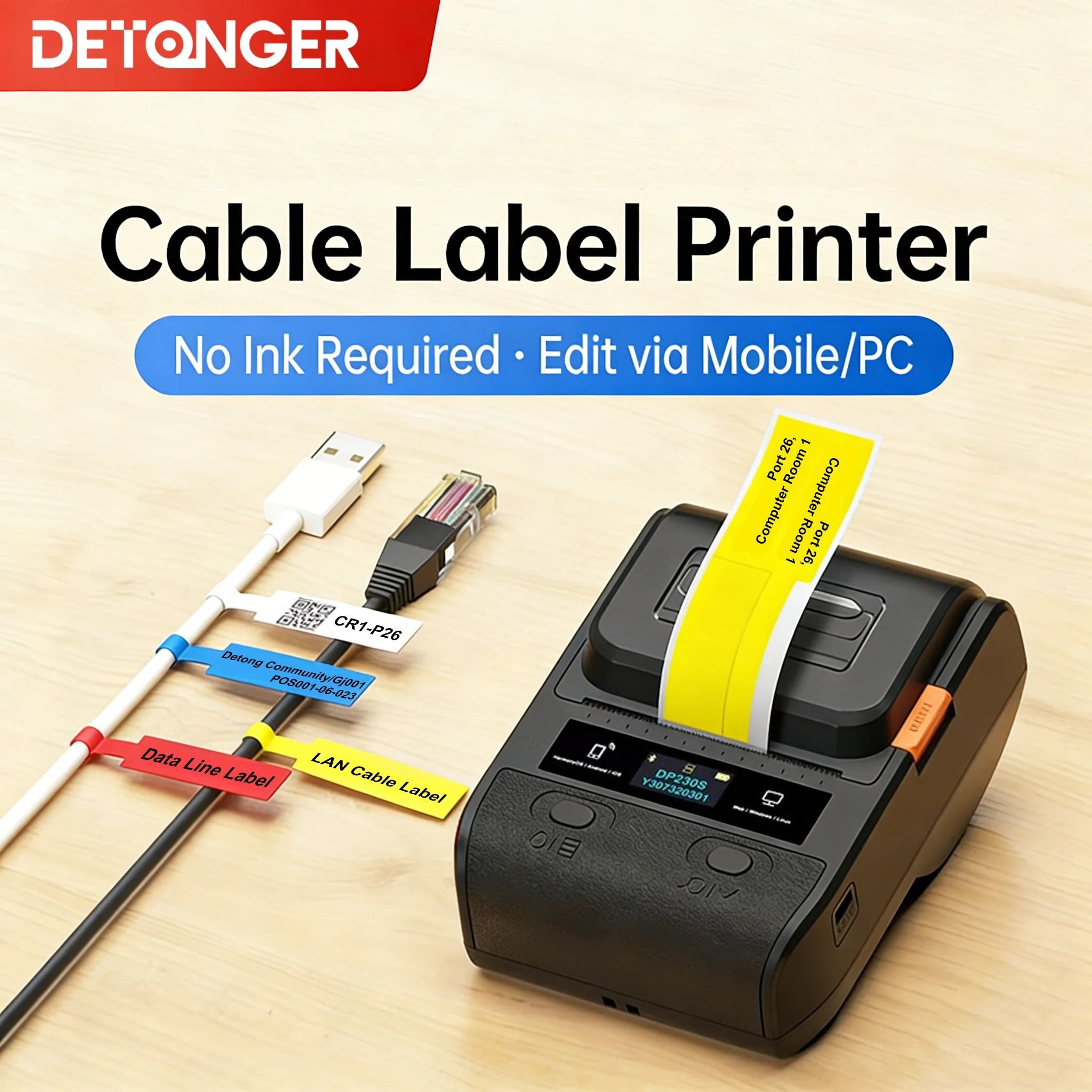 DETONGER DP230S 64mm Portable Smart Thermal Label Printer Wireless Bluetooth Barcode QR Code Cable  1