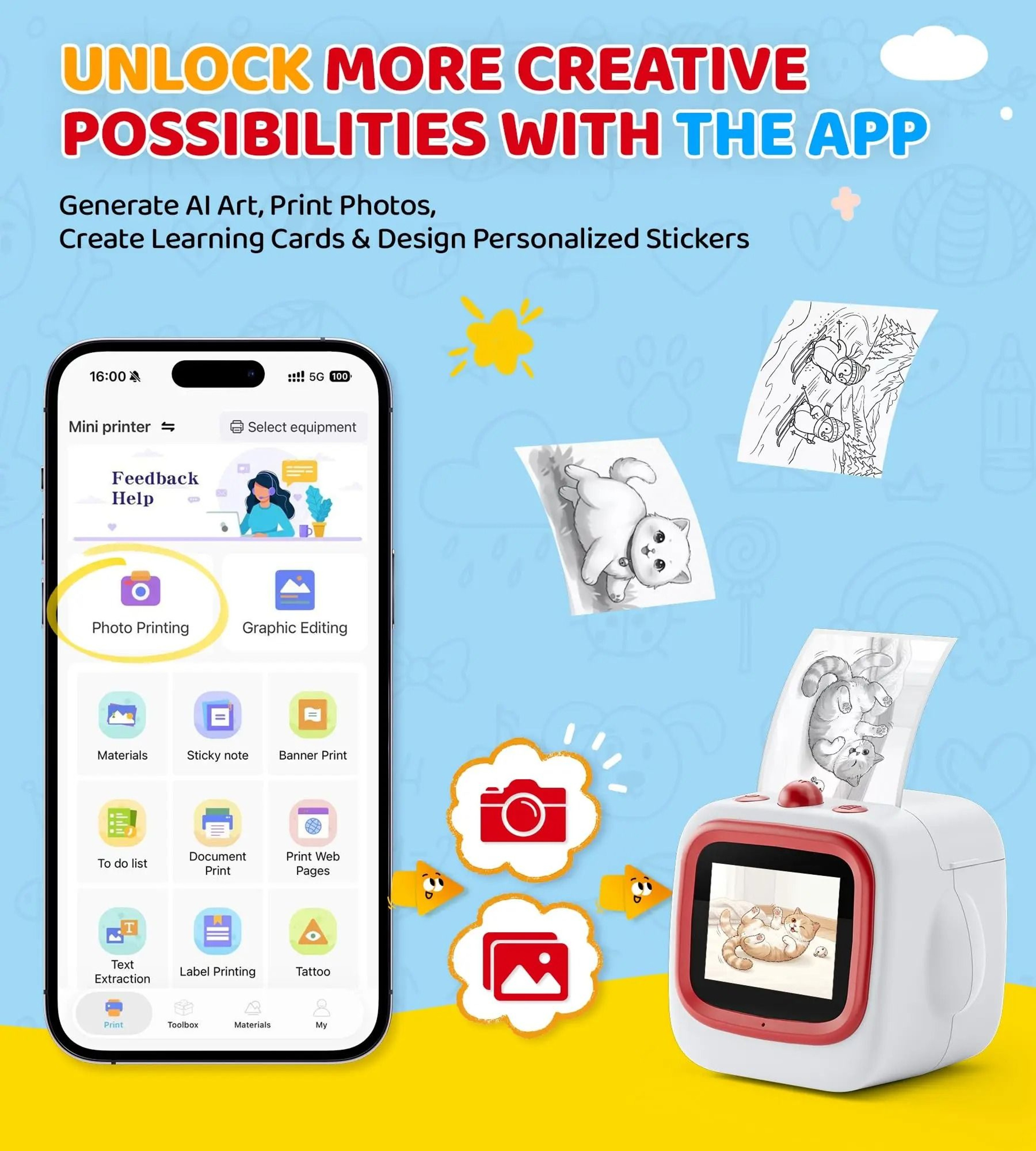 AI Sticker Printer For Kids VoiceActivated Mini Thermal Printer With 24Inch IPS Screen  WiFi 1