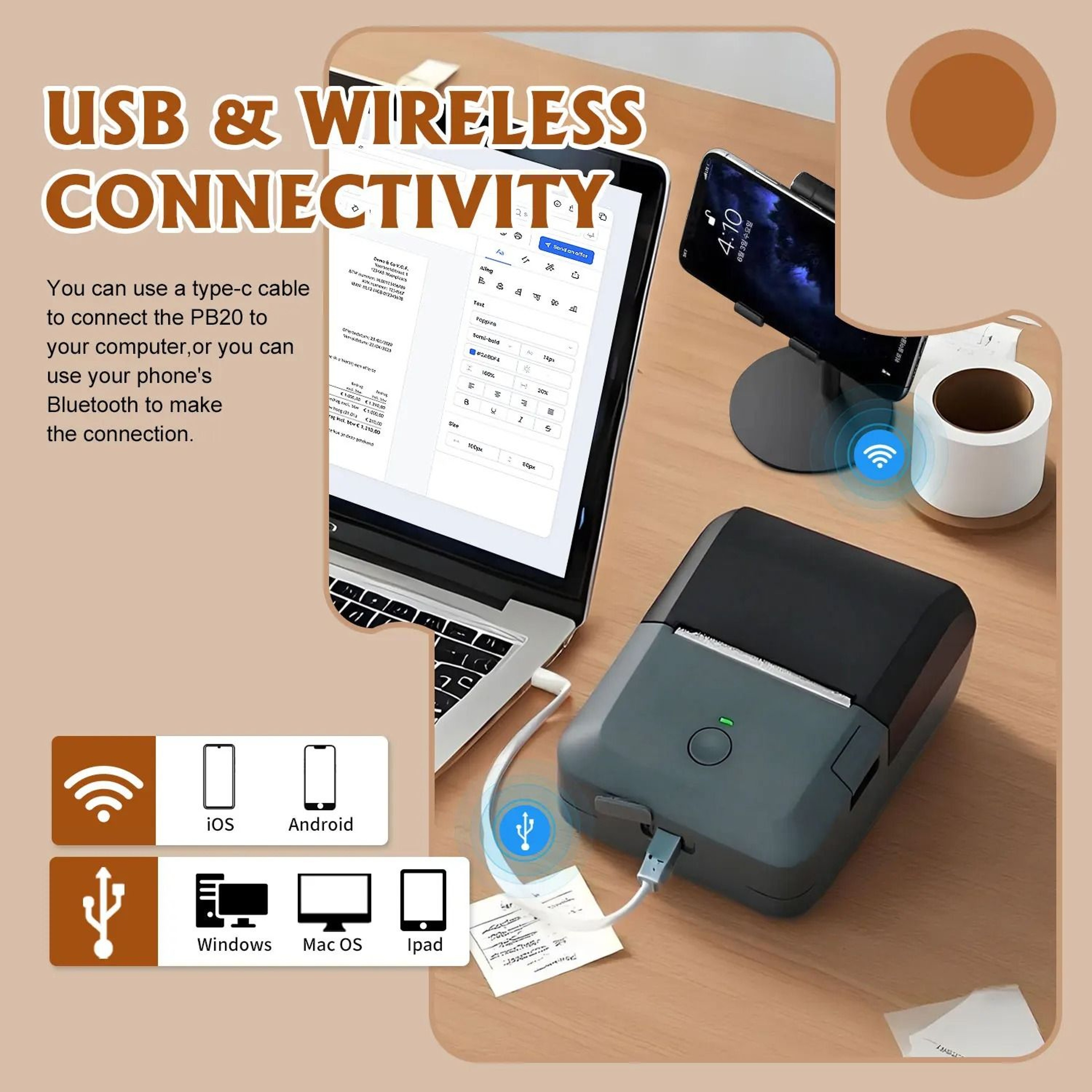 Compact Wireless Thermal Printer  Bluetooth Label Maker With Auto Paper Detection For IOS  Android 3
