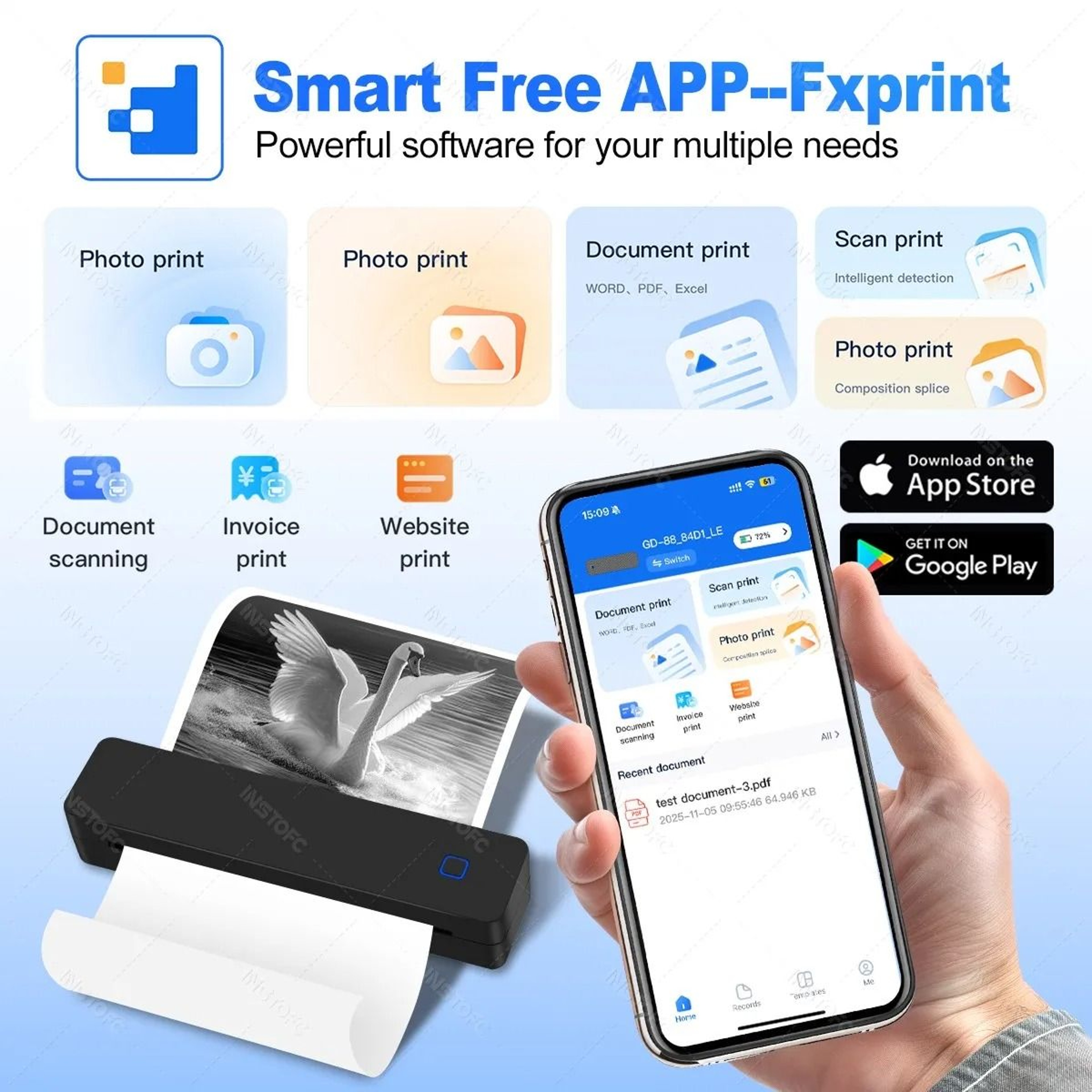 Portable A4 Mini Thermal Printer Wireless Bluetooth Inkless Maker For Home Office  School 3