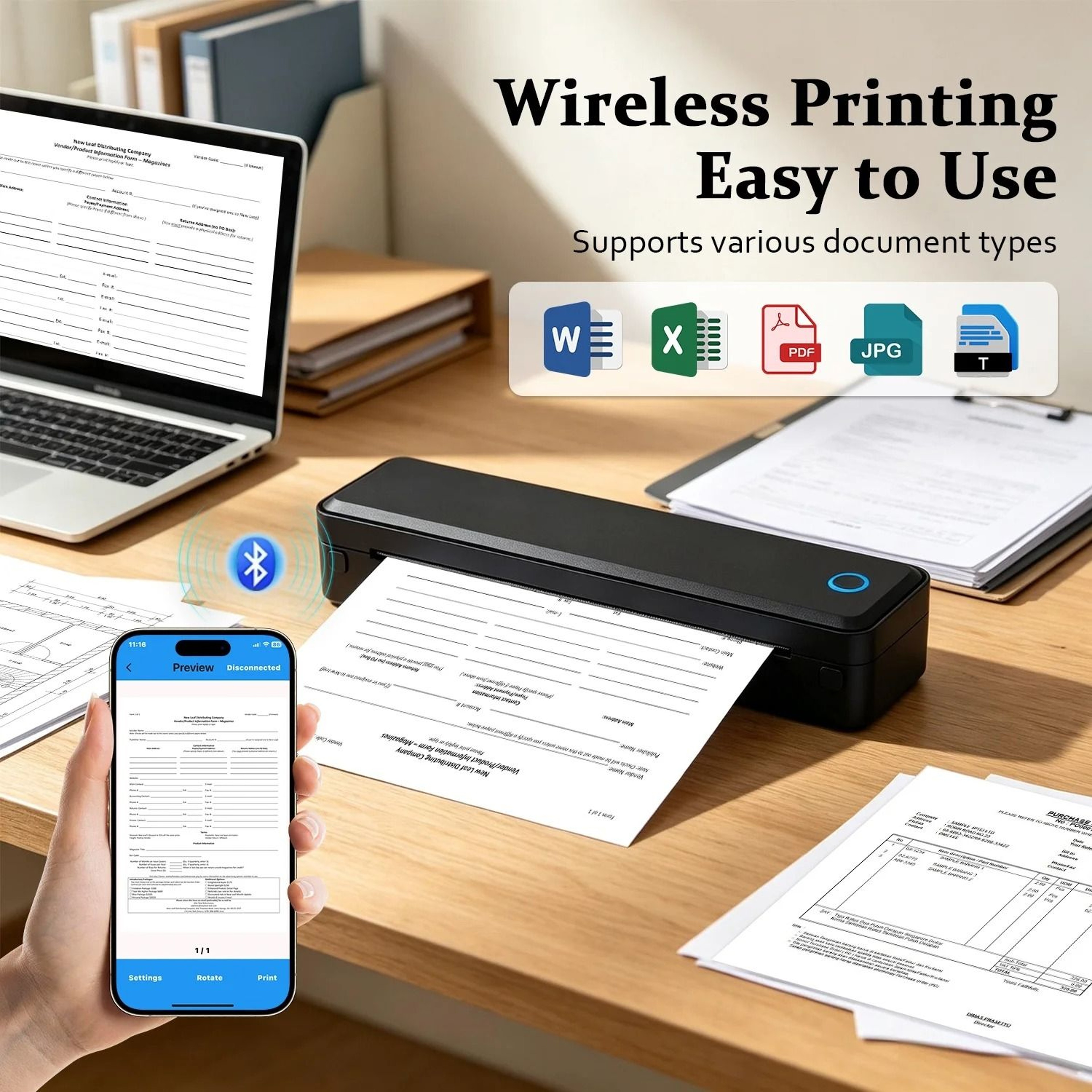 A4 Portable Bluetooth Wireless Thermal Printer 203DPI Rechargeable Inkless Business Travel Document 0