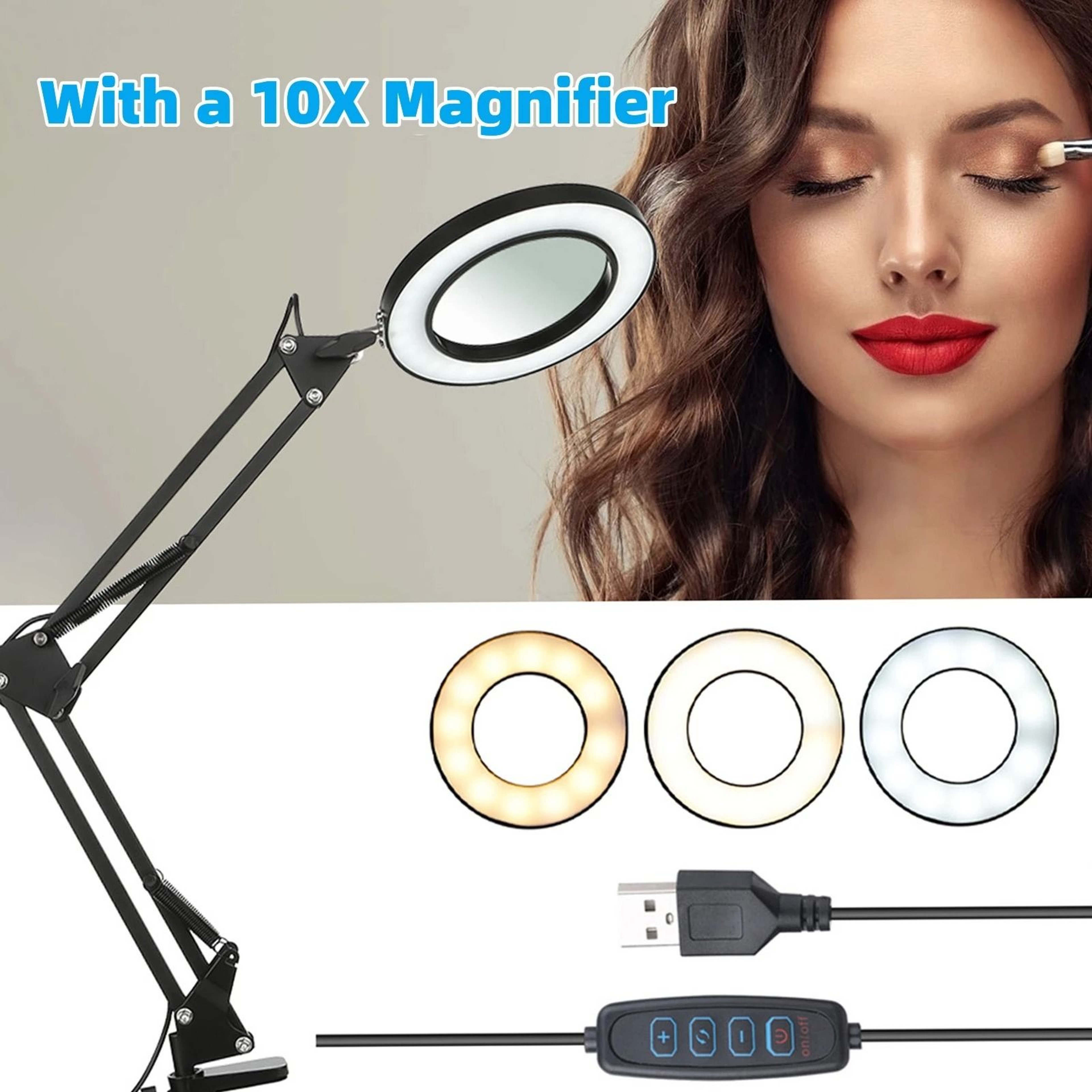 10X Illuminated LED Magnifier Desk Lamp USB 3 Color Modes Magnifying Glass With Clamp 1