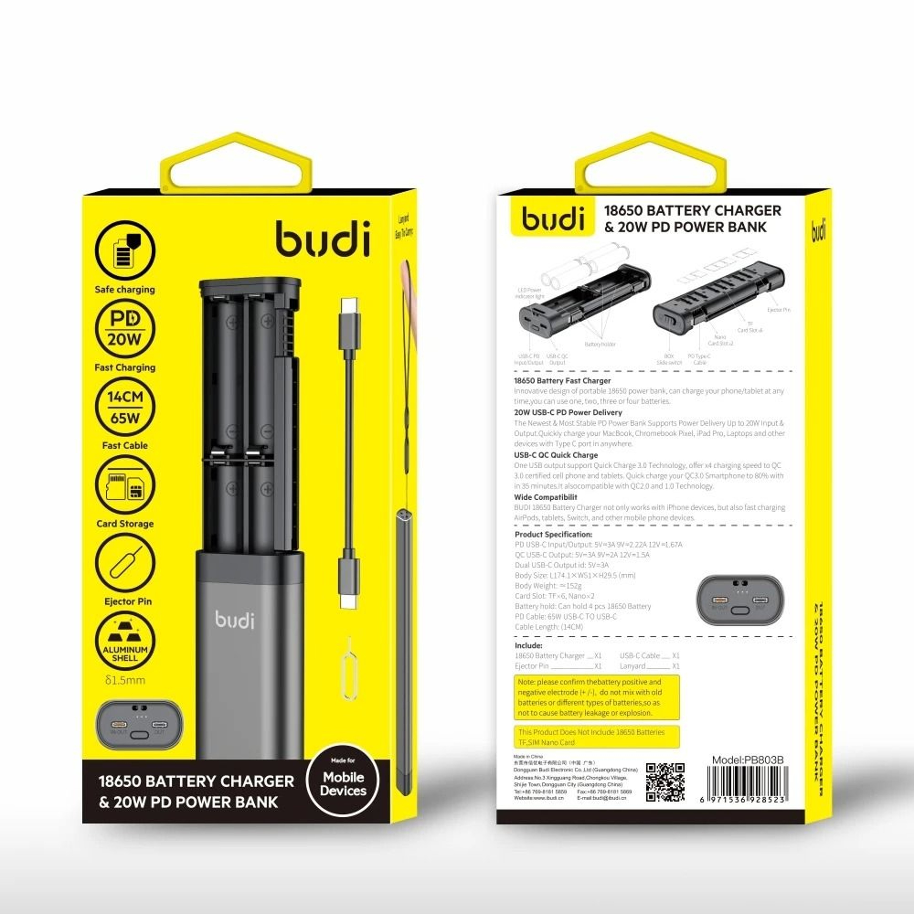 Budi 18650 Battery Fast Charger 20W PD Power Bank With SIM  TF Card Storage Case 5