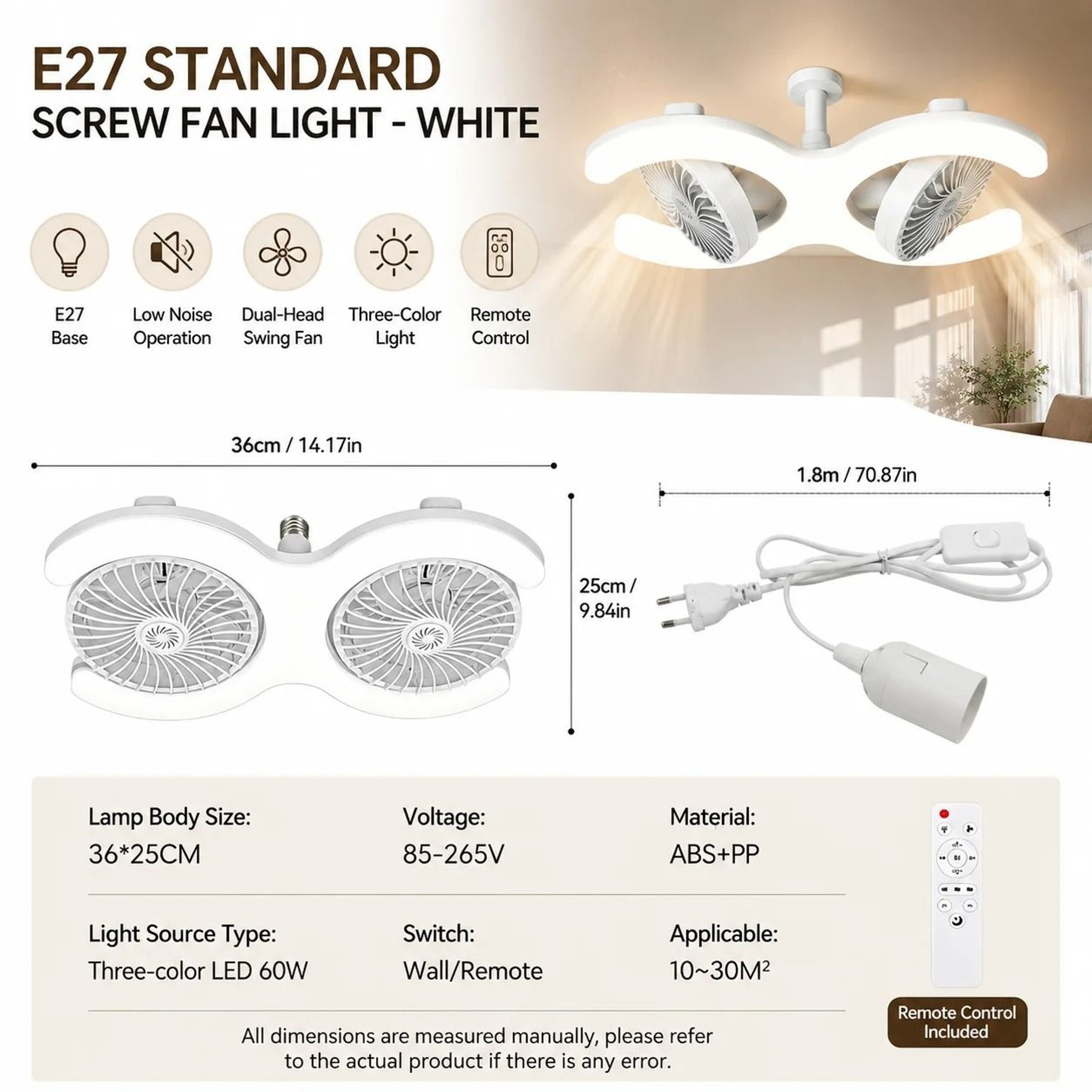 DualHead E27 Socket Ceiling Fan With LED Light  Remote  Silent MultiAngle Airflow Lamp 7